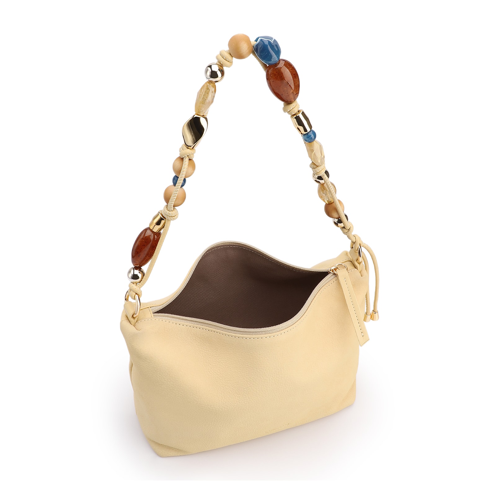 Bolsa De Ombro Média Couro Nobuck Floater /Couro Amarelo Alça Pedras
