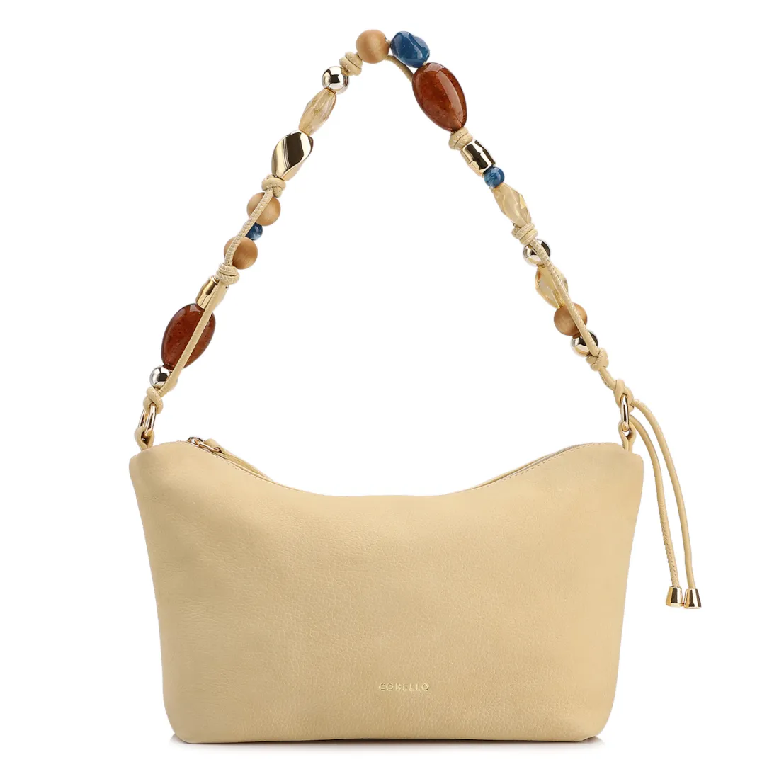 Bolsa De Ombro Média Couro Nobuck Floater /Couro Amarelo Alça Pedras