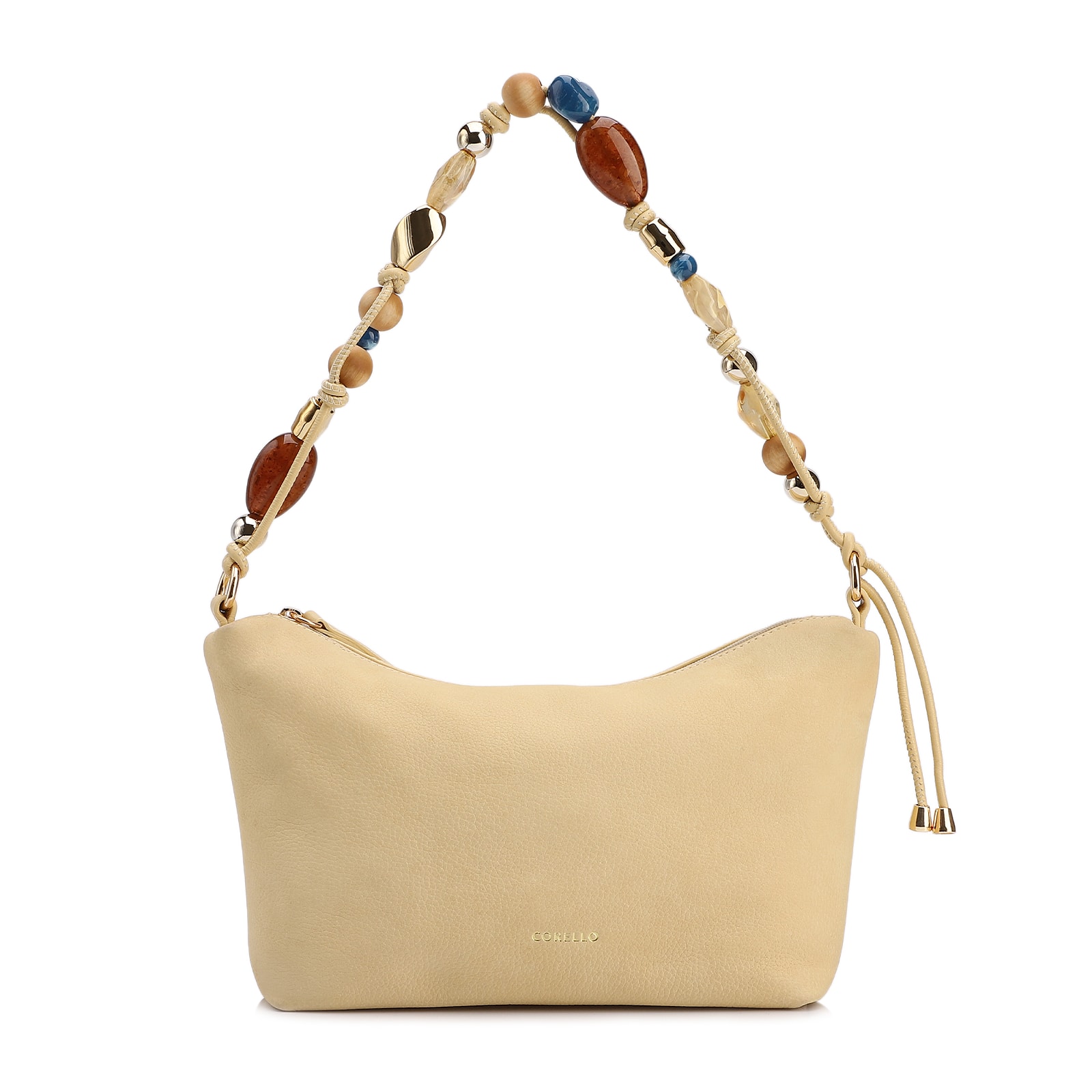 Bolsa De Ombro Média Couro Nobuck Floater /Couro Amarelo Alça Pedras