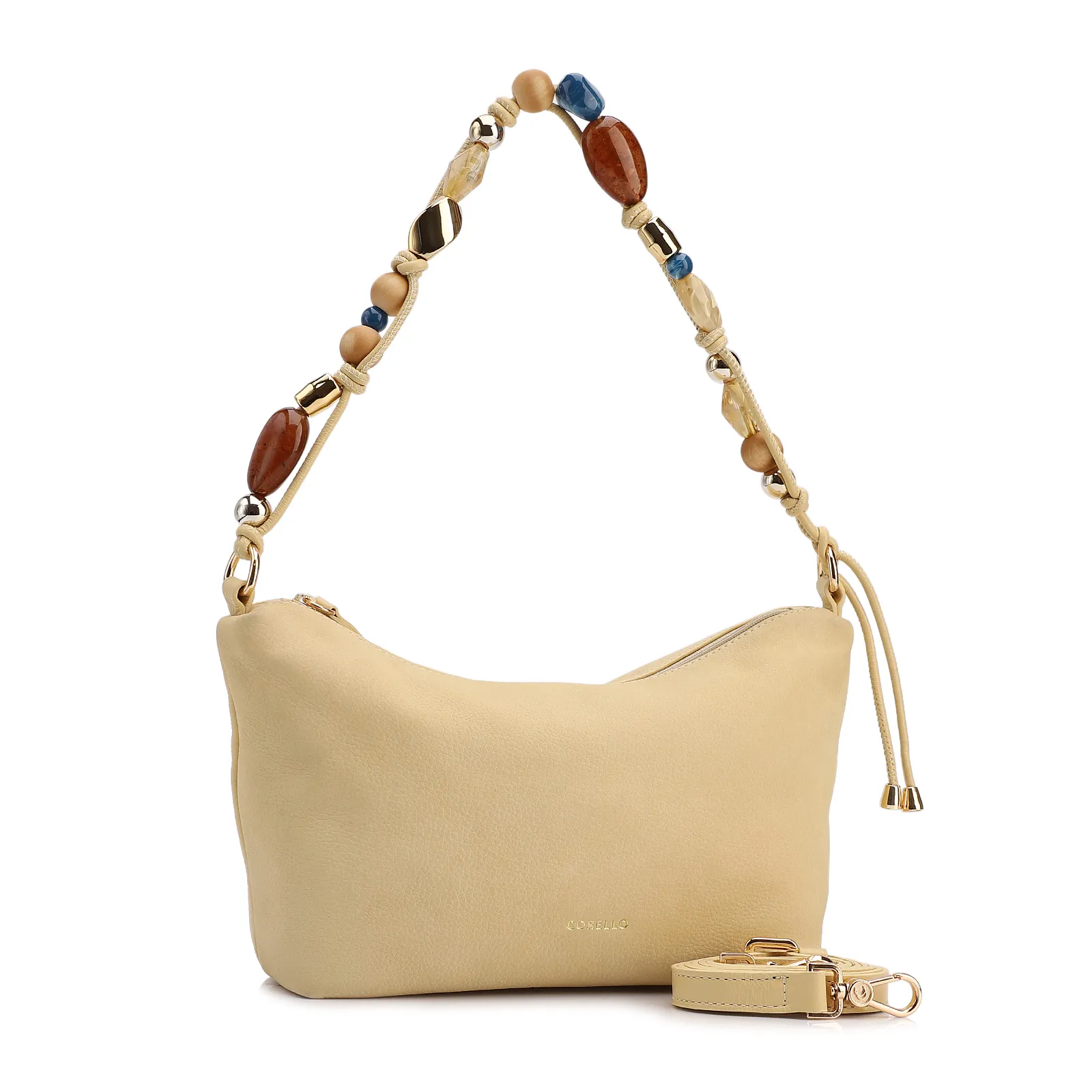 Bolsa De Ombro Média Couro Nobuck Floater /Couro Amarelo Alça Pedras