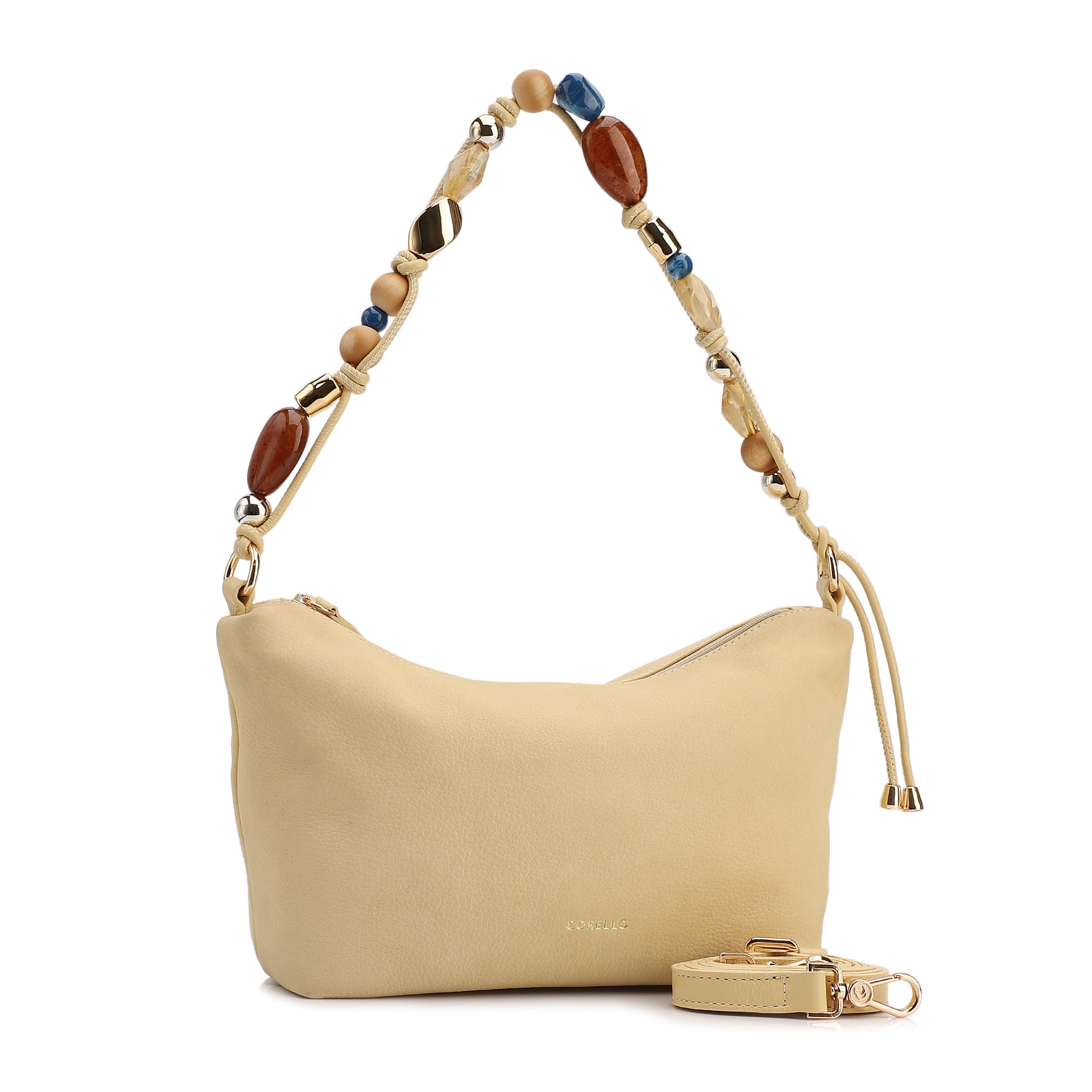 Bolsa De Ombro Média Couro Nobuck Floater /Couro Amarelo Alça Pedras