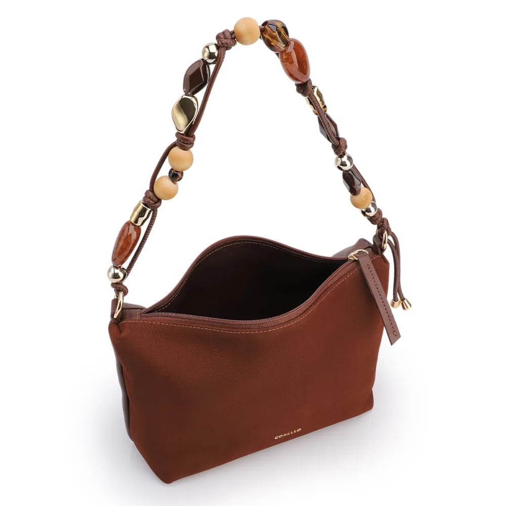 Bolsa De Ombro Média Couro Nobuck Floater /Couro Marrom Alça Pedras - imagem 4
