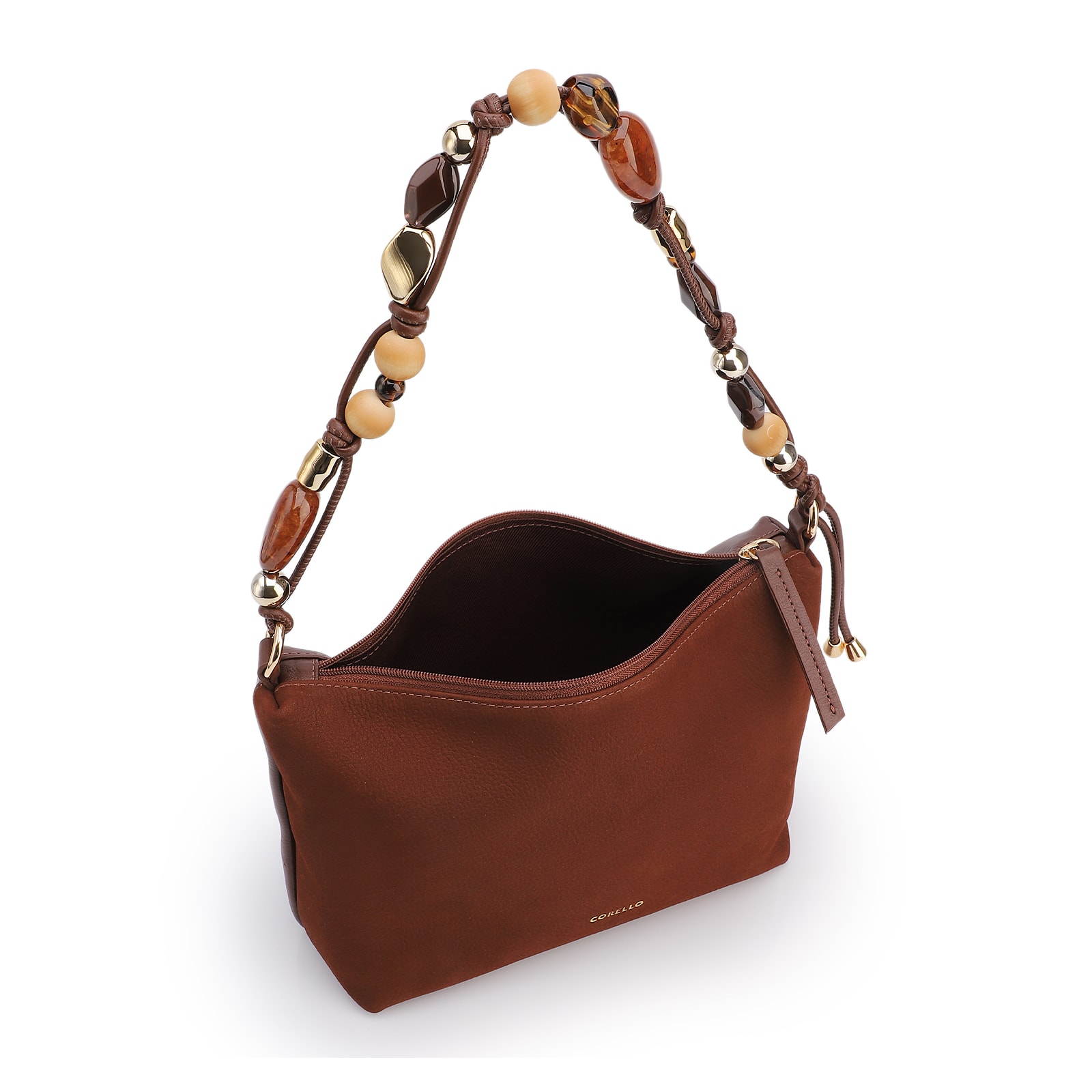 Bolsa De Ombro Média Couro Nobuck Floater /Couro Marrom Alça Pedras