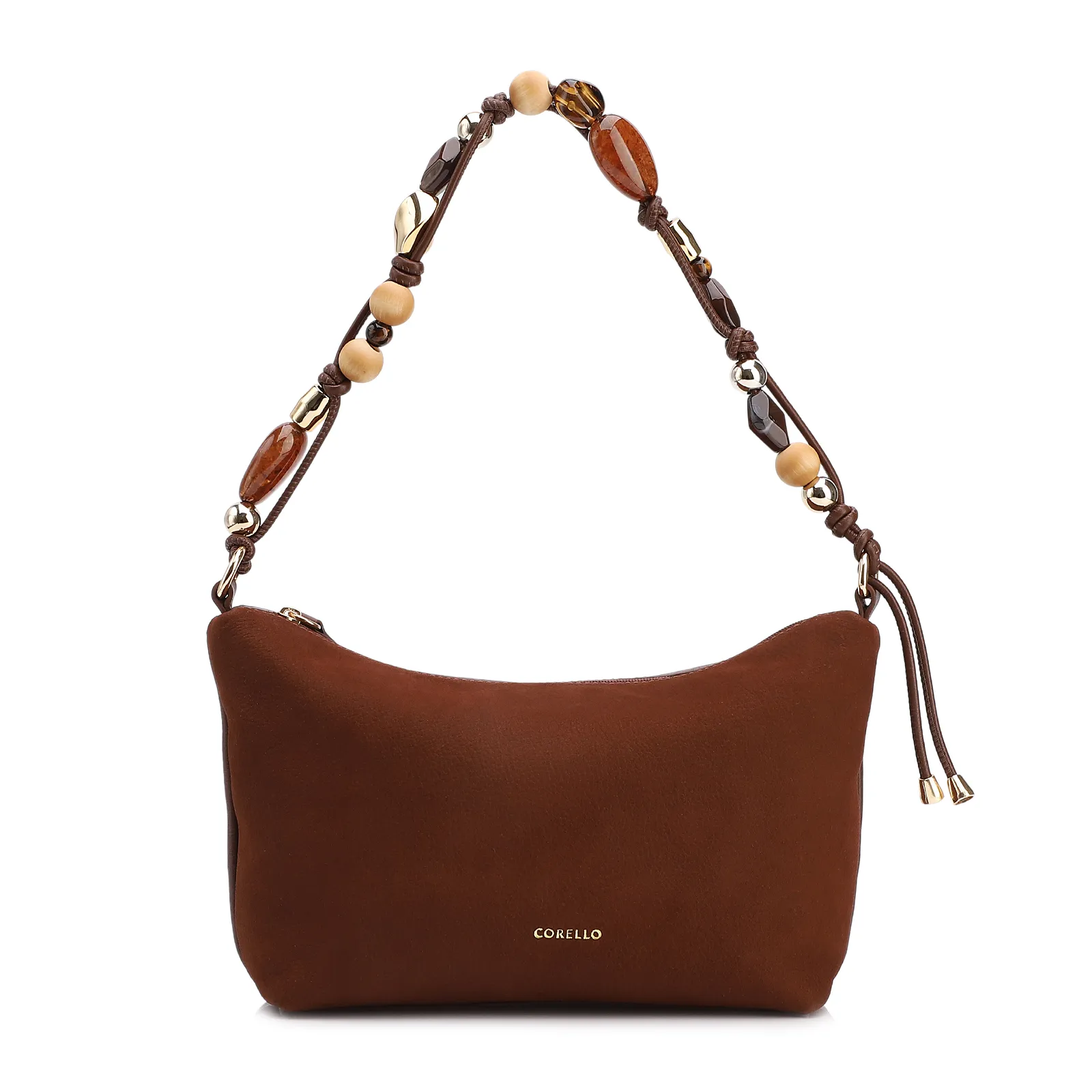 Bolsa De Ombro Média Couro Nobuck Floater /Couro Marrom Alça Pedras