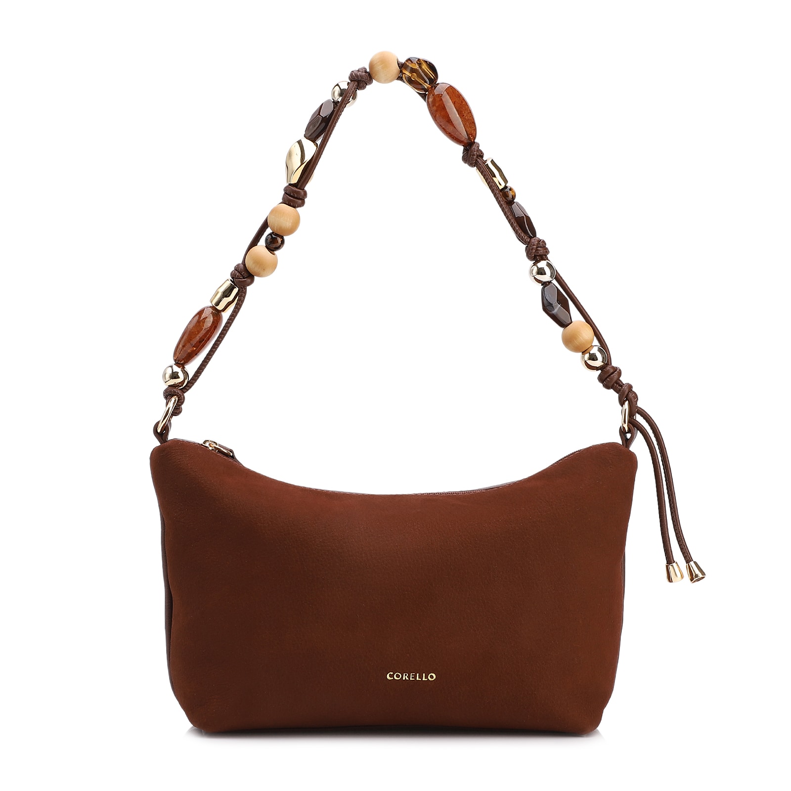 Bolsa De Ombro Média Couro Nobuck Floater /Couro Marrom Alça Pedras