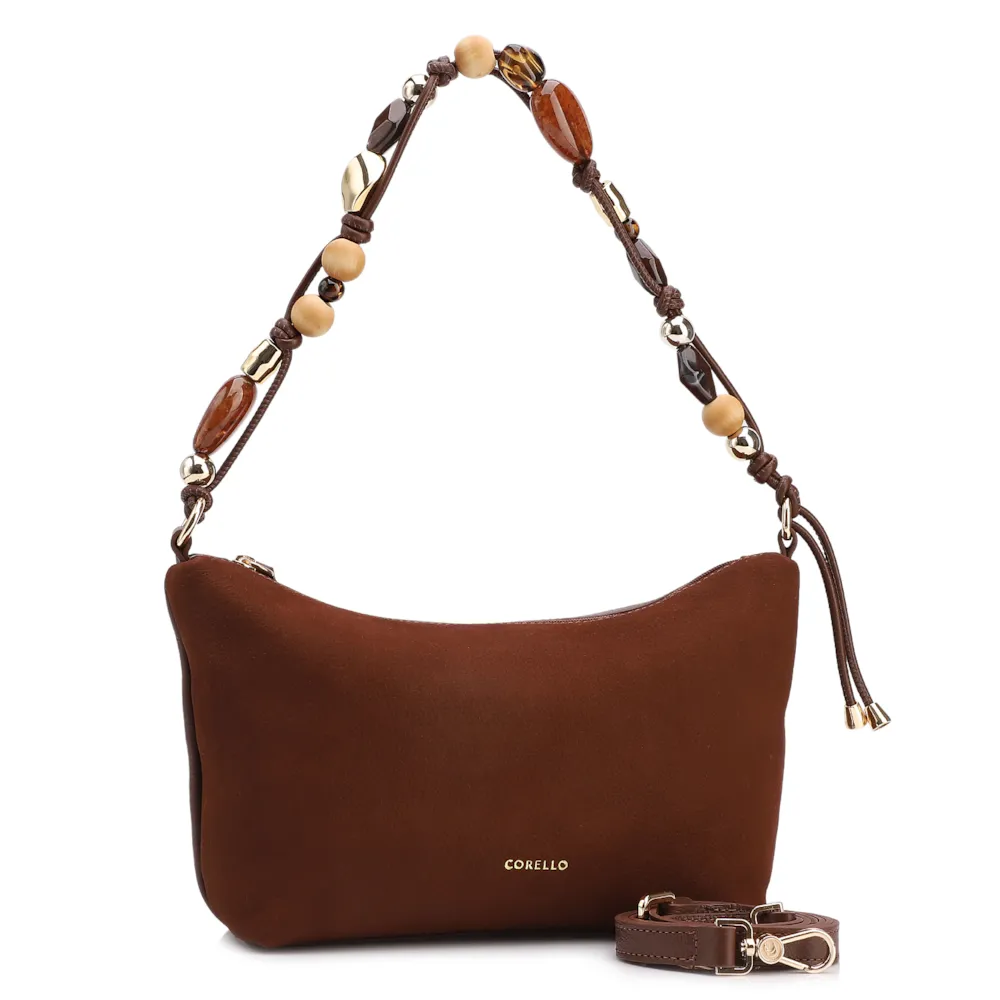 Bolsa De Ombro Média Couro Nobuck Floater /Couro Marrom Alça Pedras - imagem 2