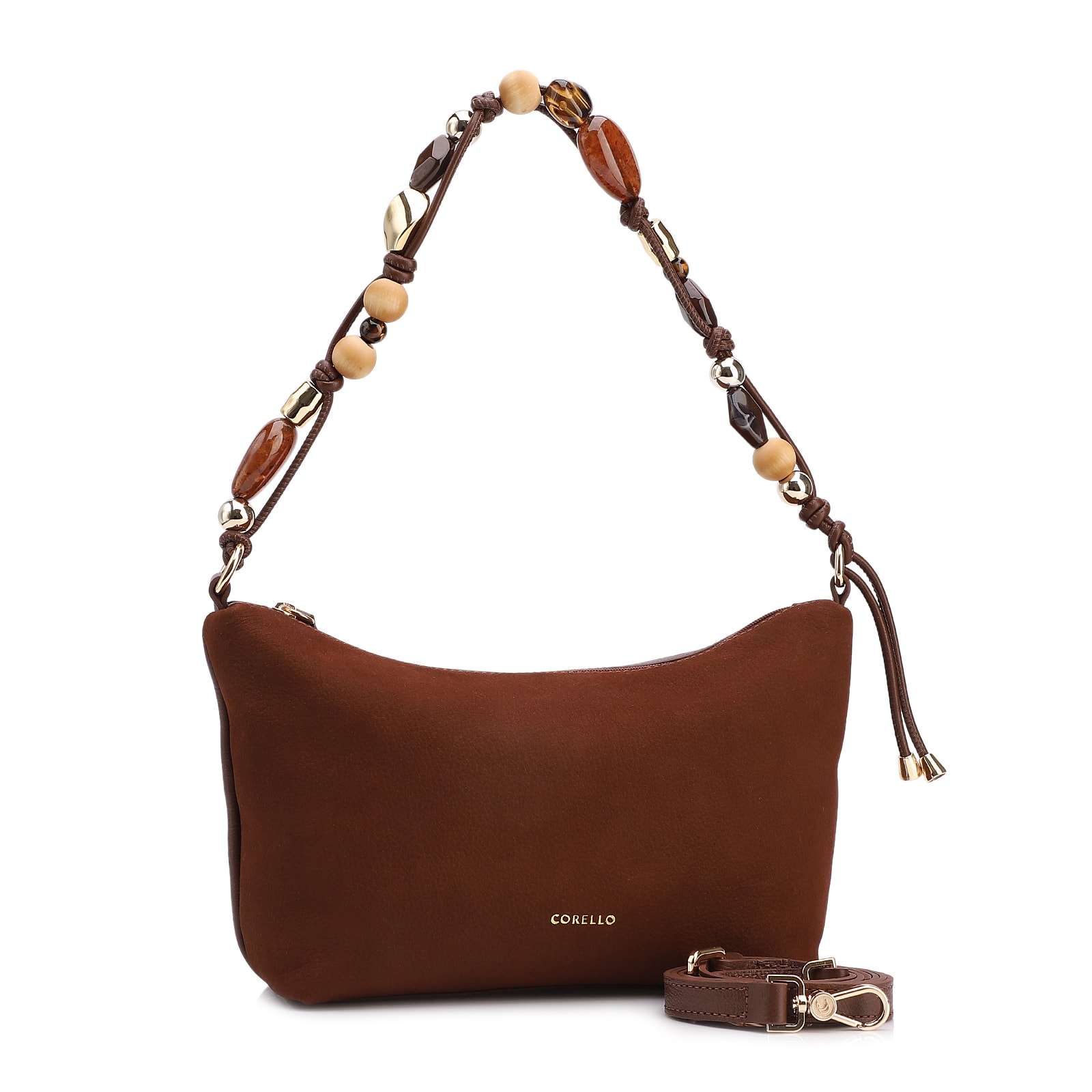 Bolsa De Ombro Média Couro Nobuck Floater /Couro Marrom Alça Pedras