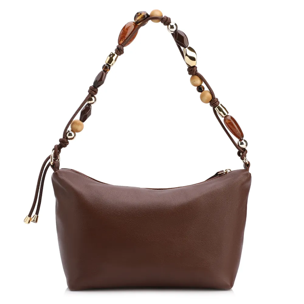 Bolsa De Ombro Média Couro Nobuck Floater /Couro Marrom Alça Pedras - imagem 3