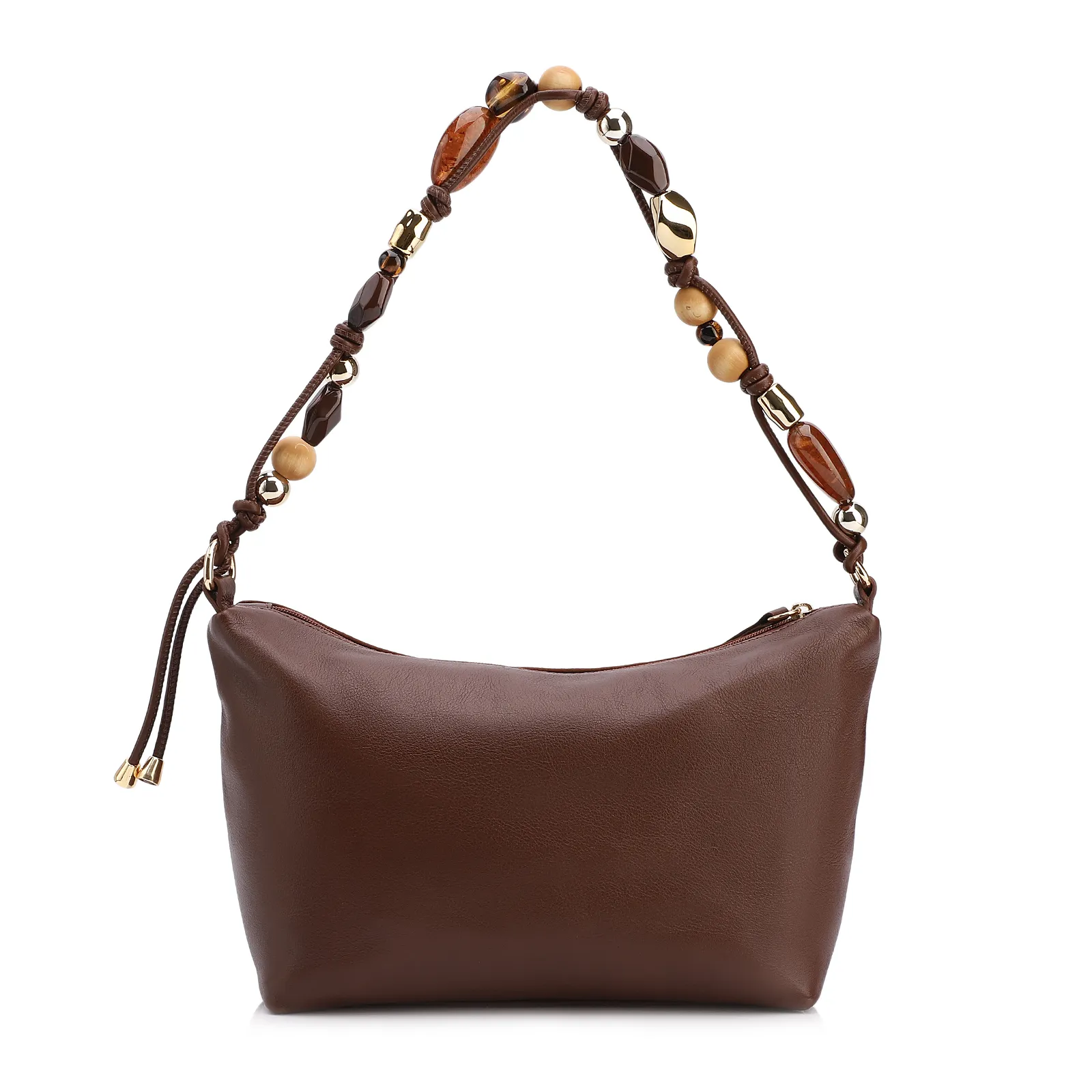 Bolsa De Ombro Média Couro Nobuck Floater /Couro Marrom Alça Pedras