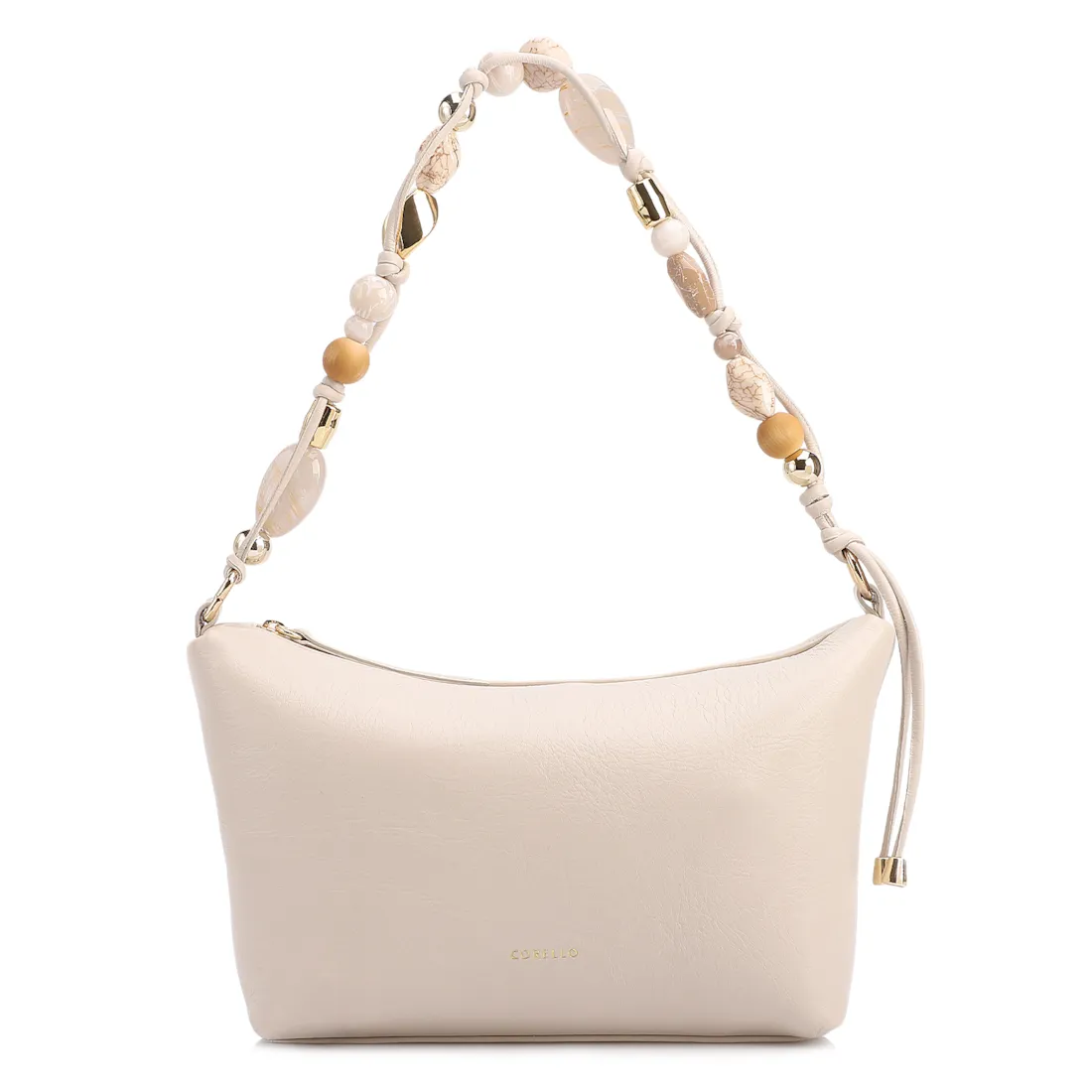 Bolsa De Ombro Média Couro Off White Alça Pedras