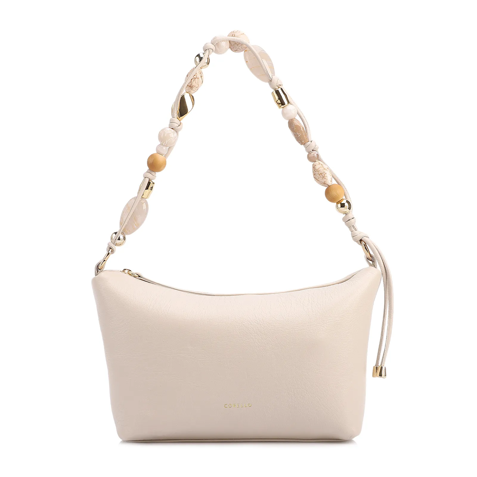 Bolsa De Ombro Média Couro Off White Alça Pedras