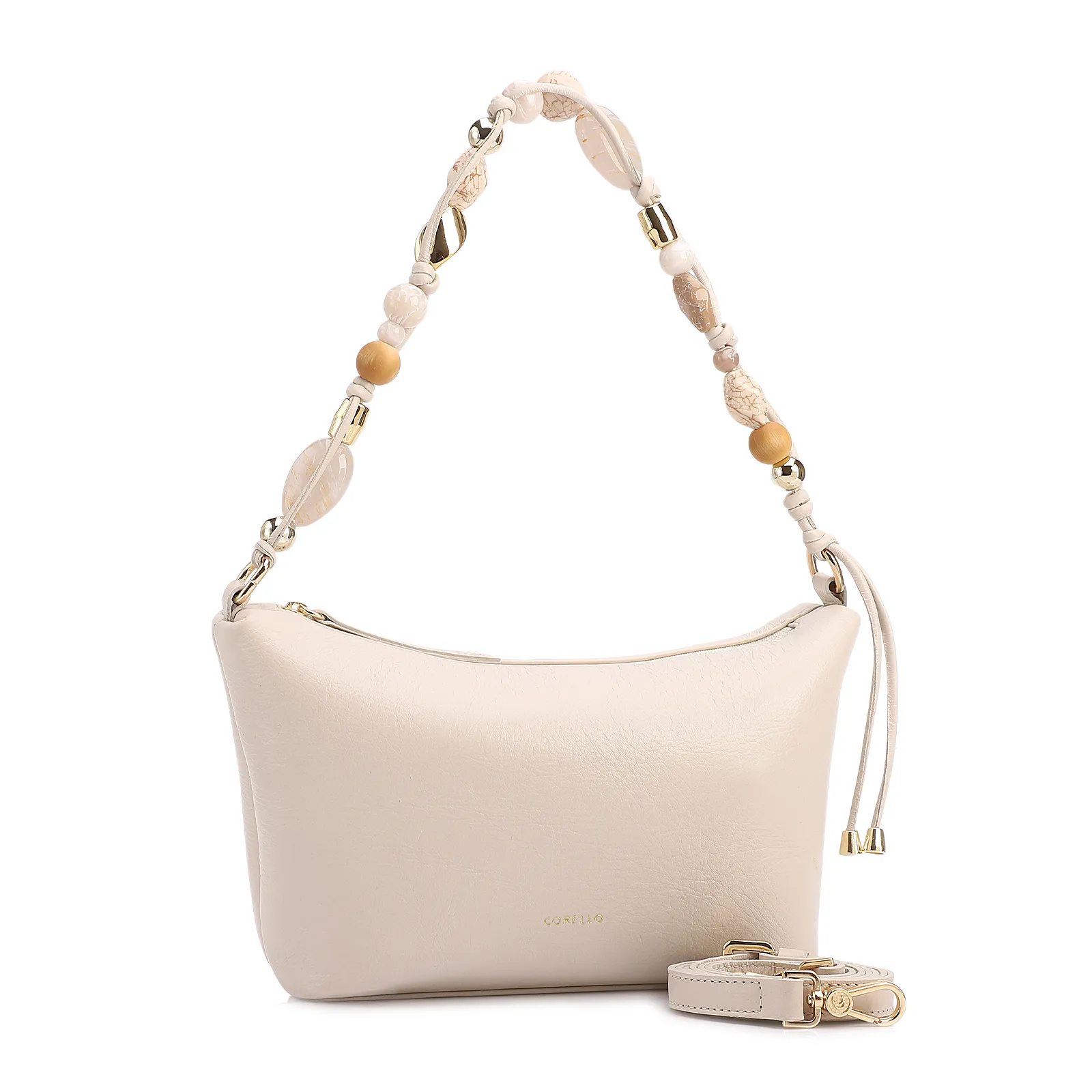 Bolsa De Ombro Média Couro Off White Alça Pedras