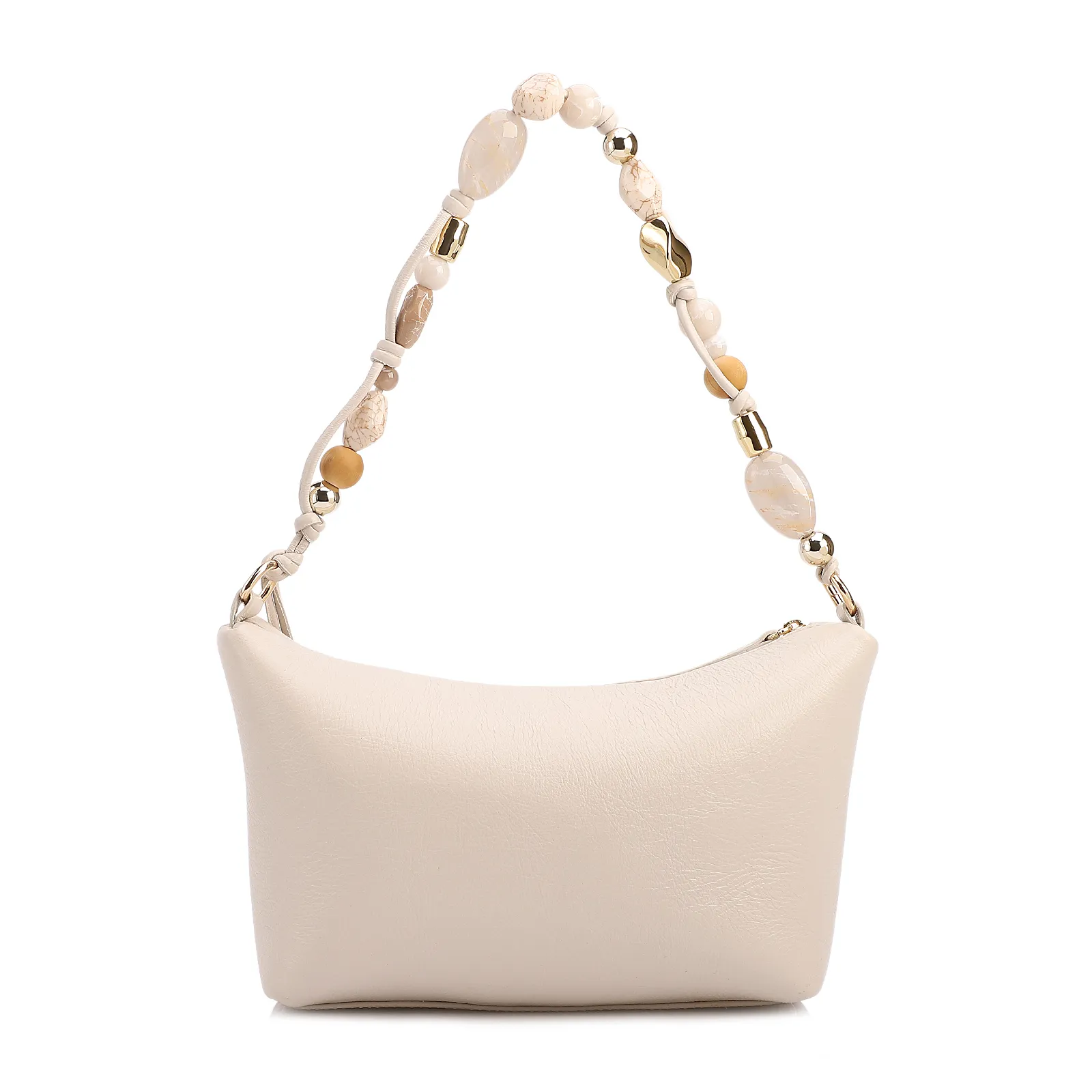 Bolsa De Ombro Média Couro Off White Alça Pedras