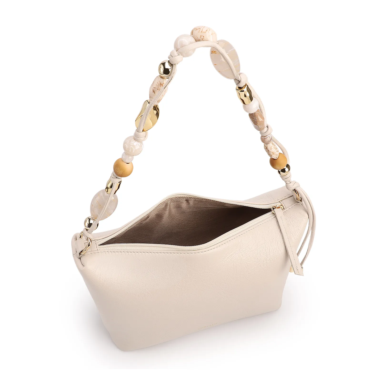 Bolsa De Ombro Média Couro Off White Alça Pedras