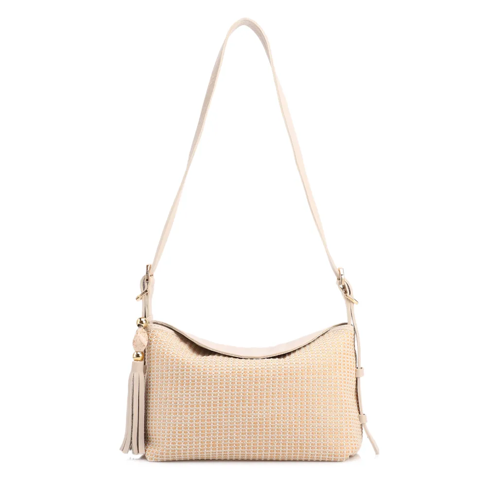 Bolsa De Ombro Média Couro/Ráfia Off White Tramado Barbicacho
