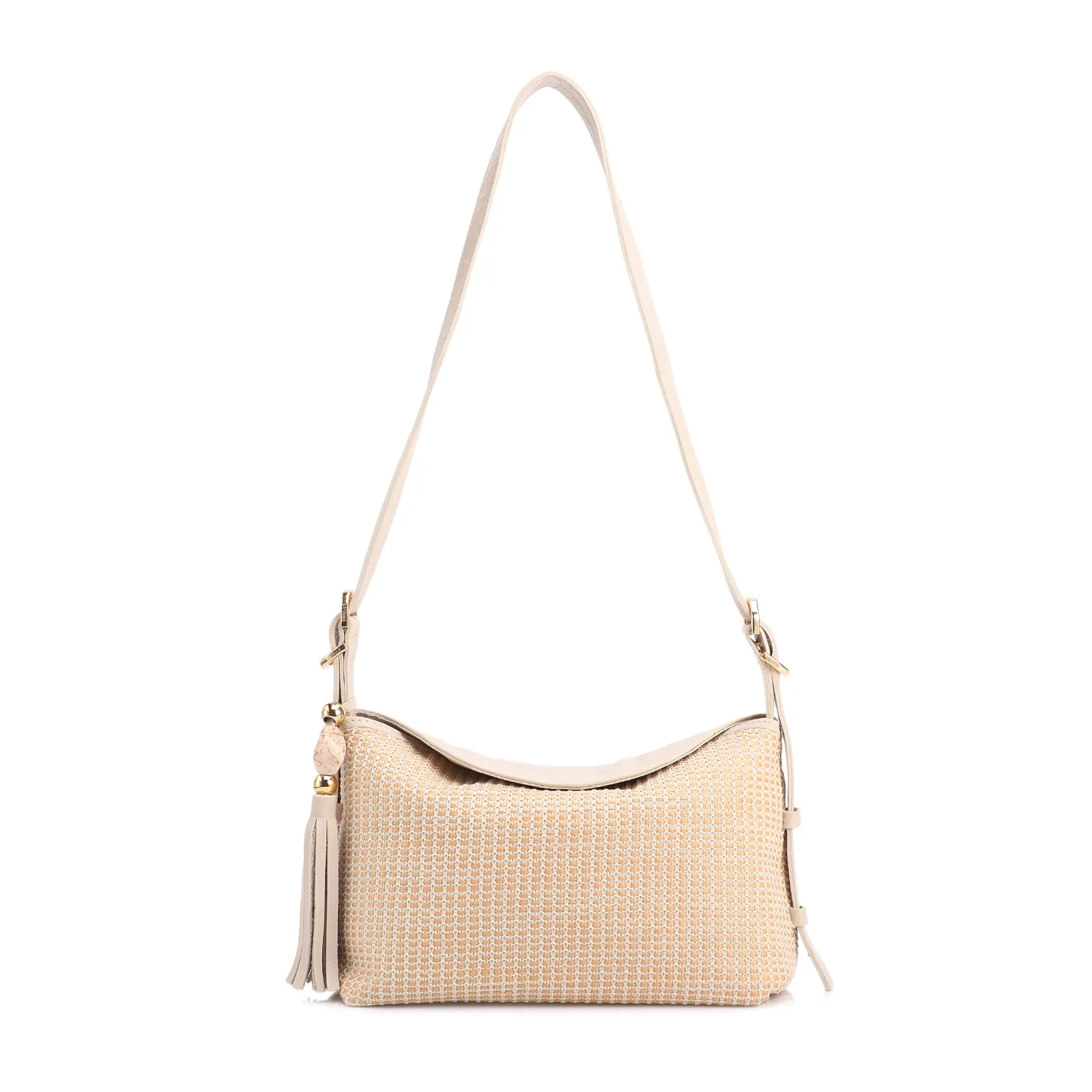  Bolsa De Ombro Média Couro/Ráfia Off White Tramado Barbicacho
