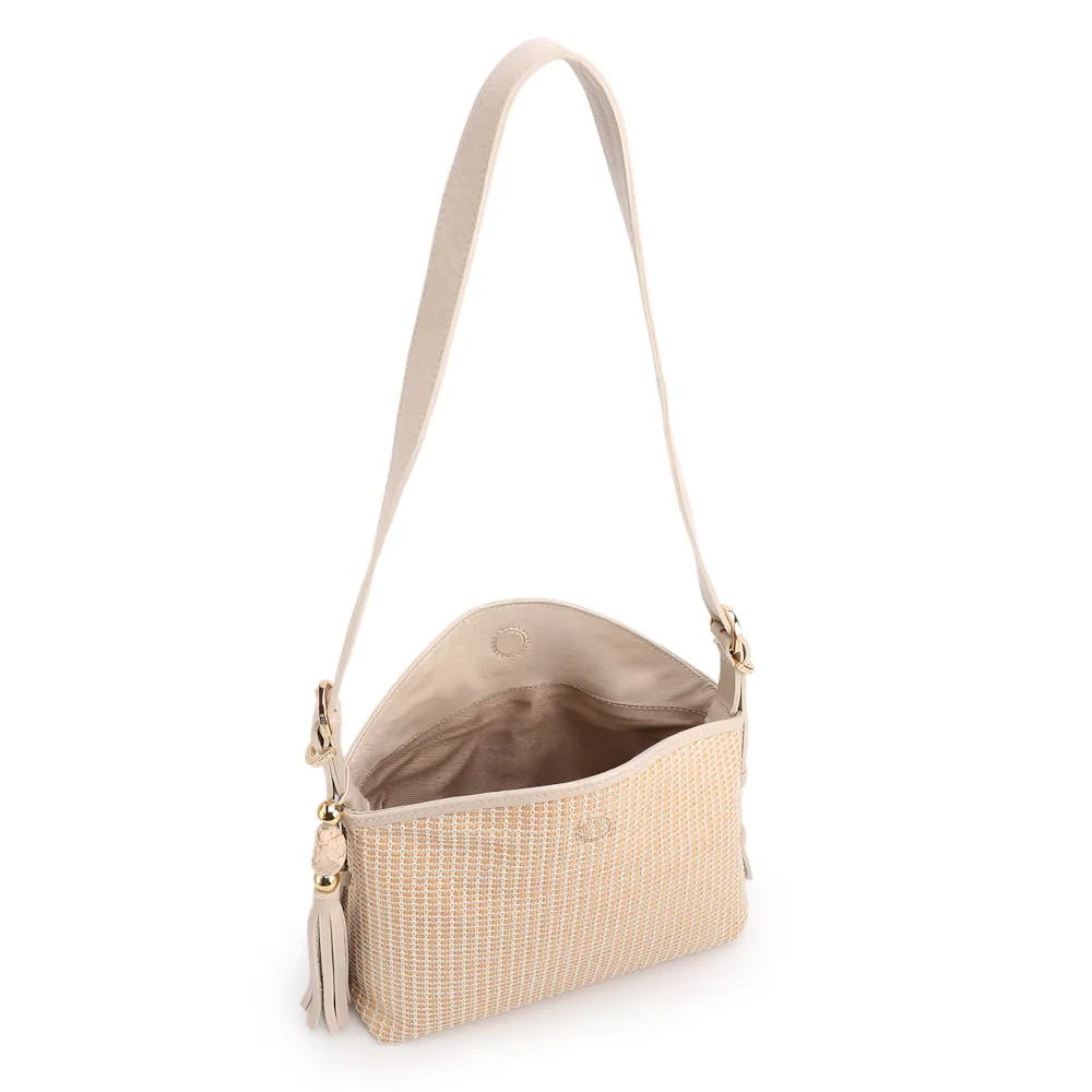  Bolsa De Ombro Média Couro/Ráfia Off White Tramado Barbicacho - imagem 3