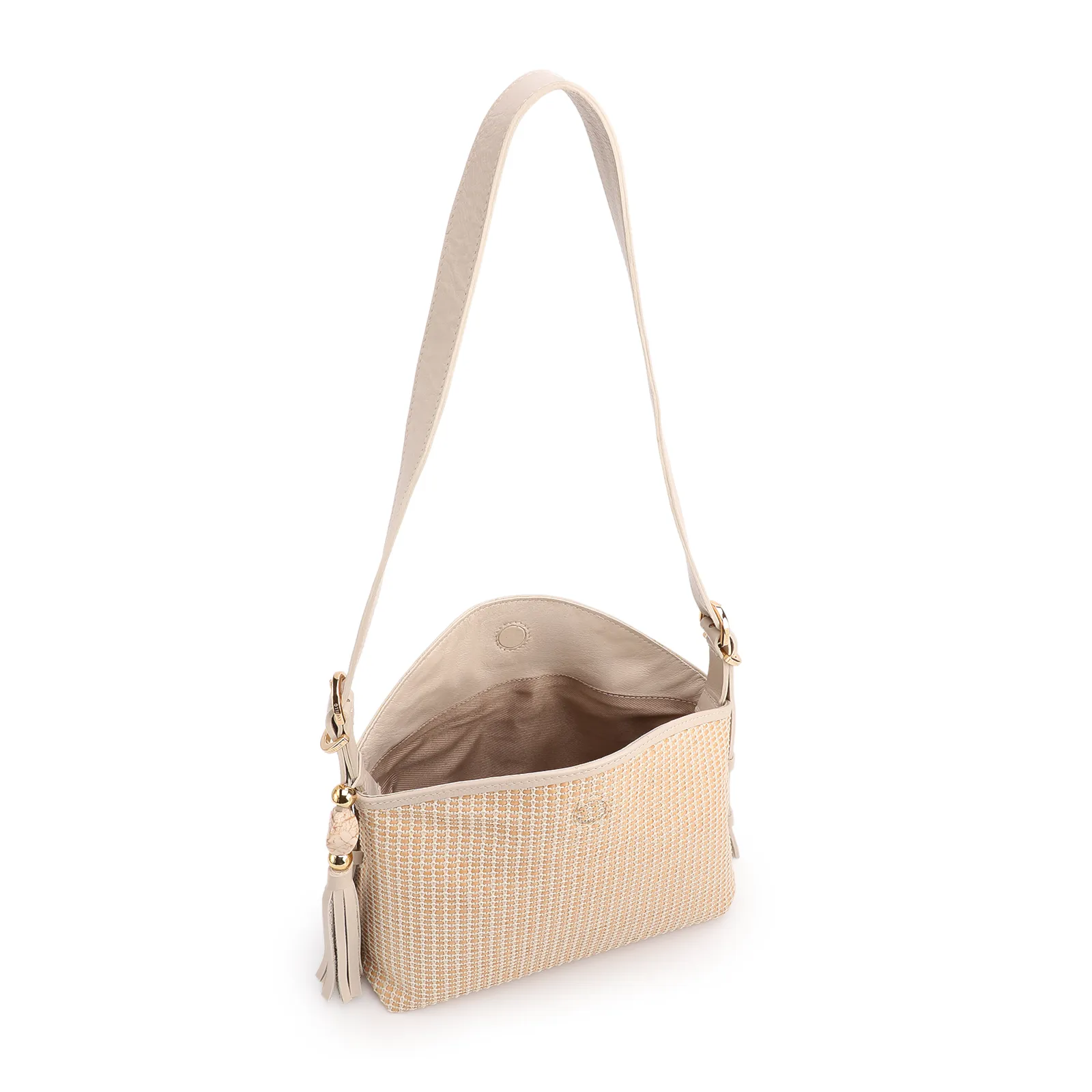 Bolsa De Ombro Média Couro/Ráfia Off White Tramado Barbicacho