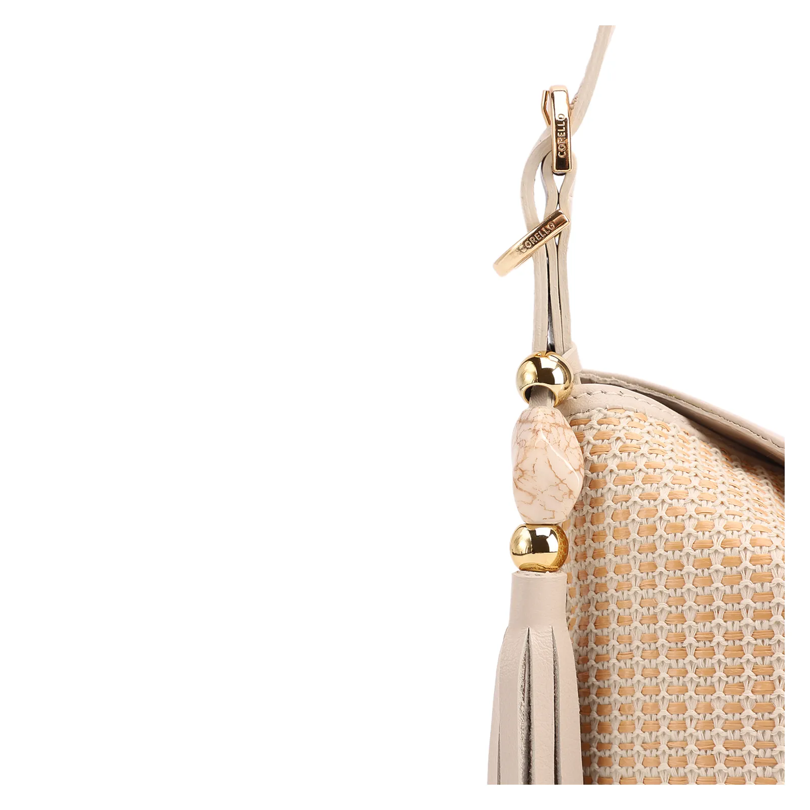  Bolsa De Ombro Média Couro/Ráfia Off White Tramado Barbicacho