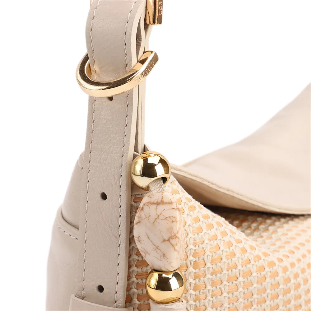  Bolsa De Ombro Média Couro/Ráfia Off White Tramado Barbicacho - imagem 5