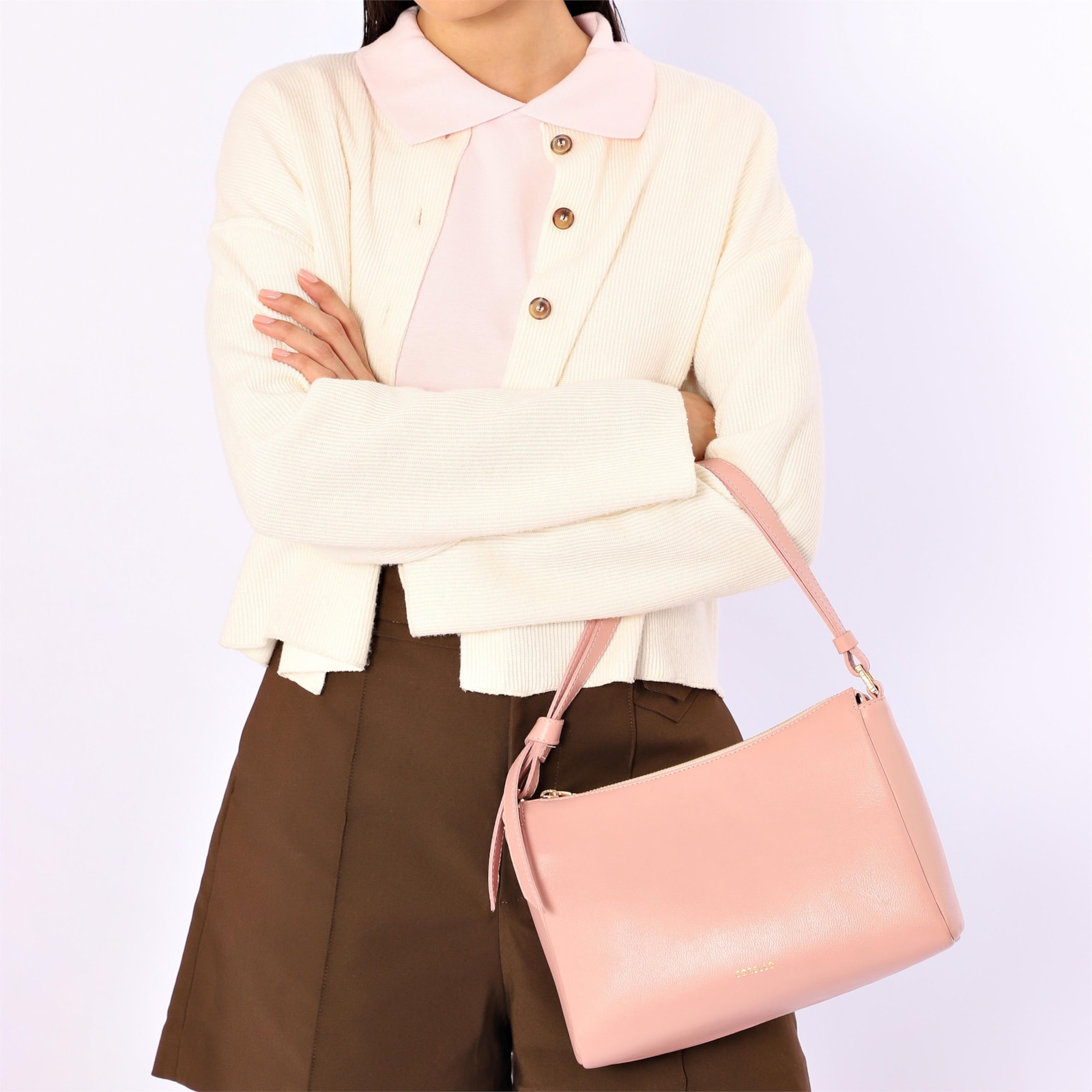 Bolsa De Ombro Média Couro Rosa Alça Nó