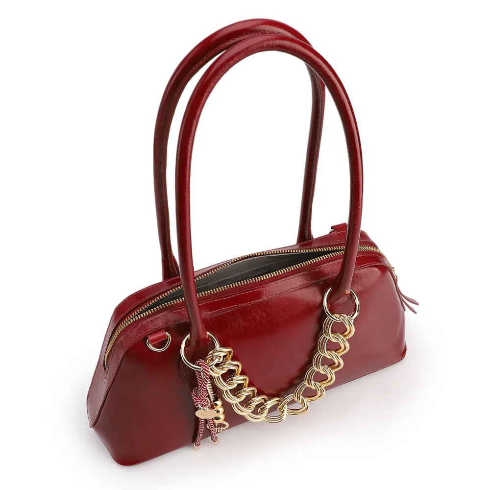 Bolsa De Ombro Média Couro Vermelha Dupla Corrente Frontal - imagem 5
