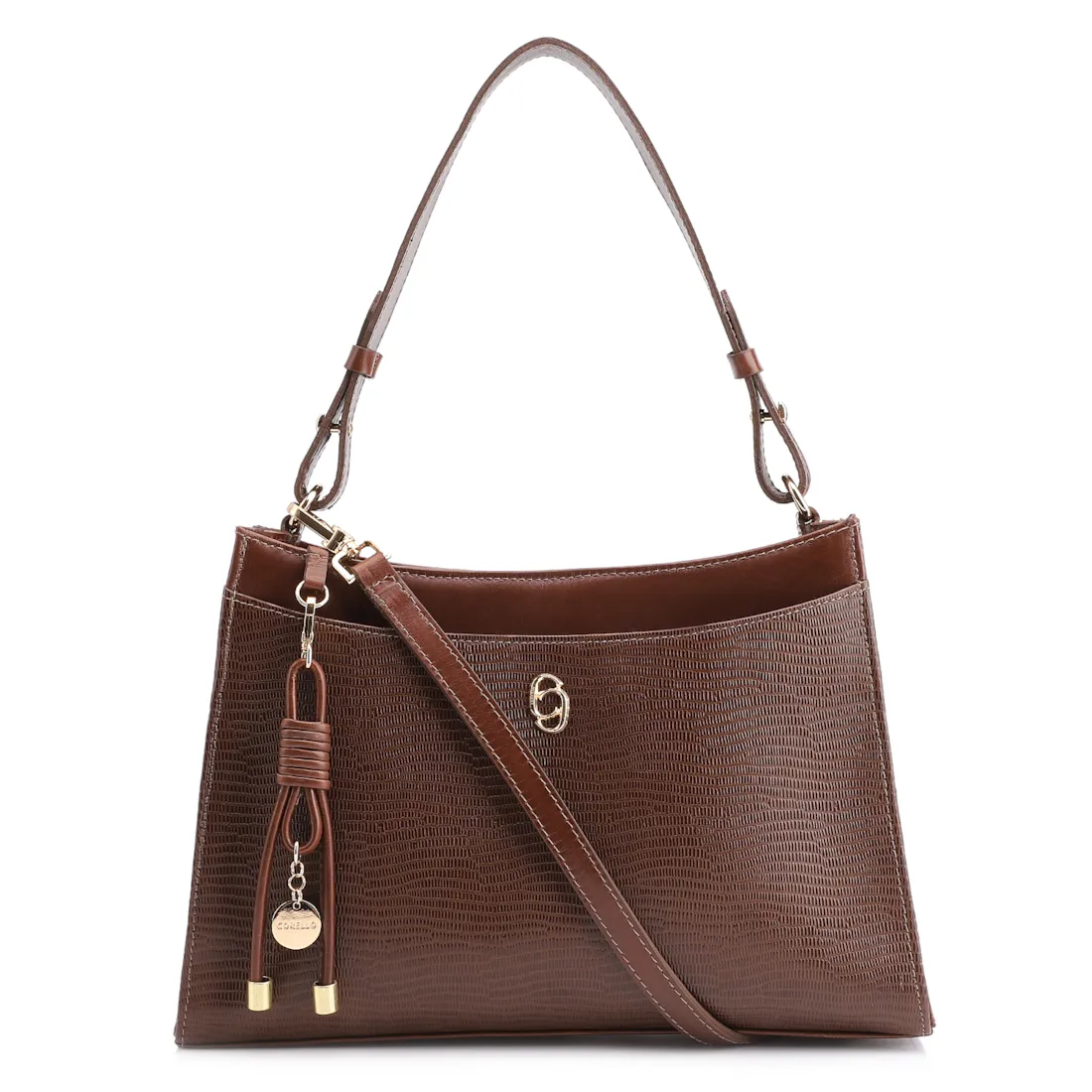 Bolsa De Ombro Média Marrom Couro Lezard Pingente Corda