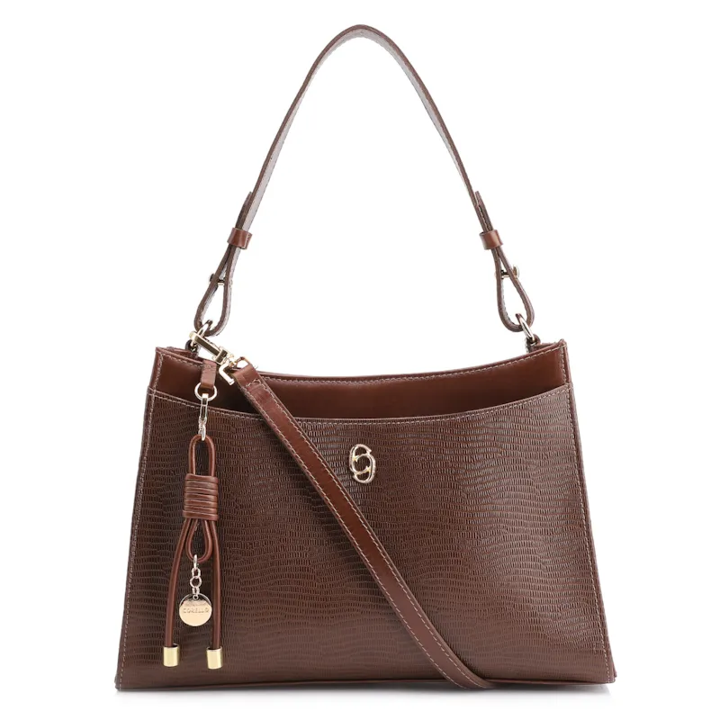 Bolsa De Ombro Média Marrom Couro Lezard Pingente Corda