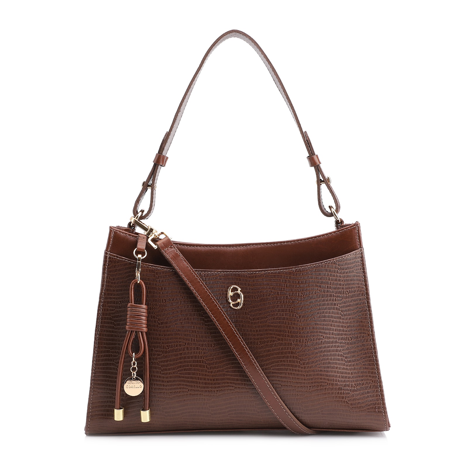 Bolsa De Ombro Média Marrom Couro Lezard Pingente Corda