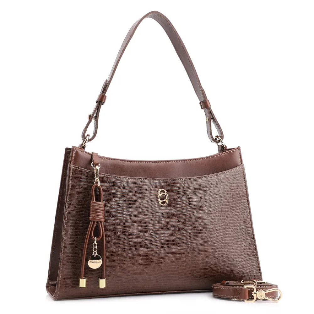 Bolsa De Ombro Média Marrom Couro Lezard Pingente Corda - imagem 3