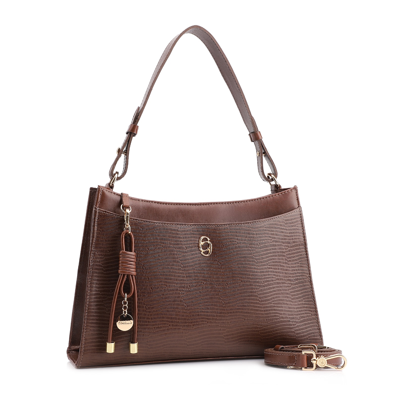 Bolsa De Ombro Média Marrom Couro Lezard Pingente Corda