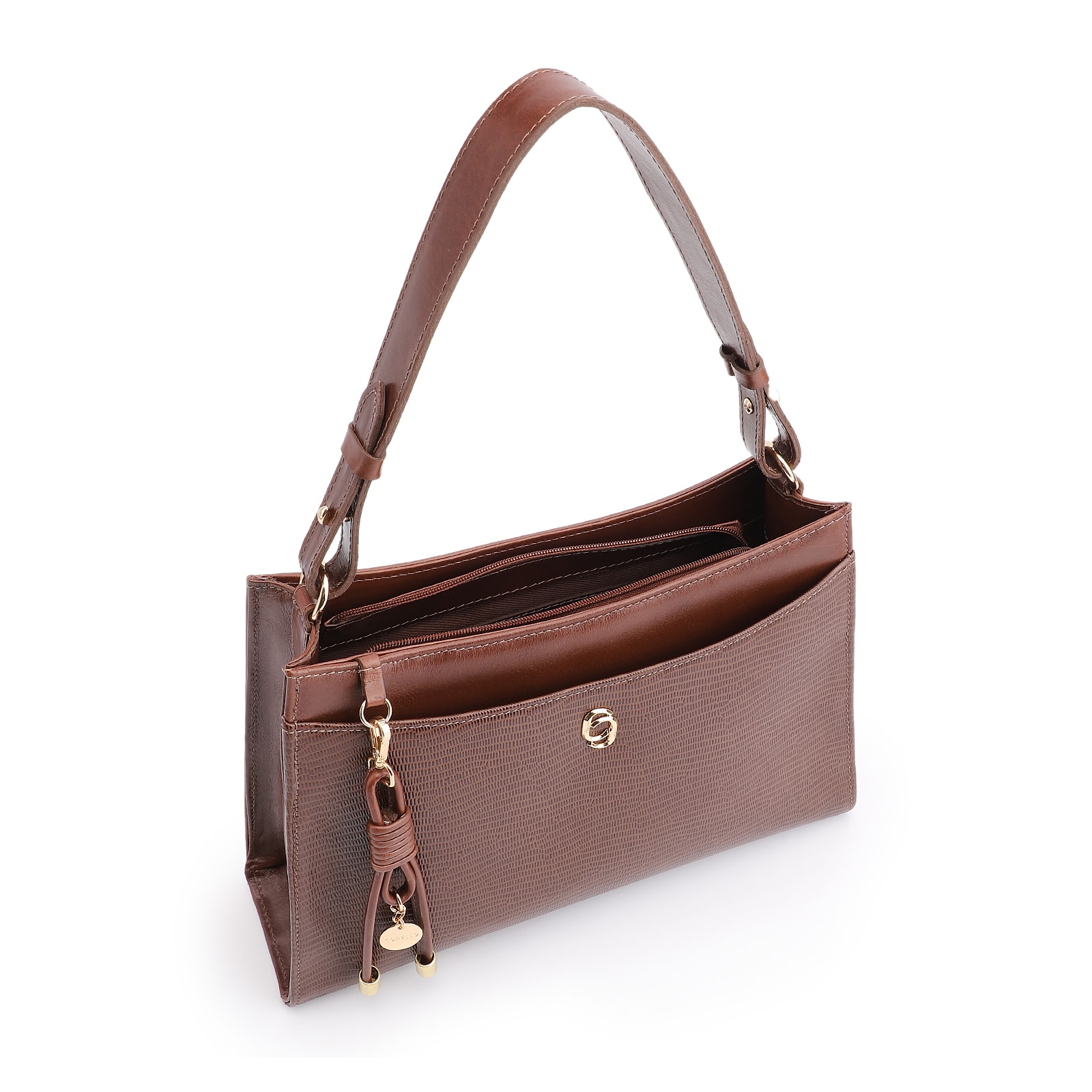Bolsa De Ombro Média Marrom Couro Lezard Pingente Corda