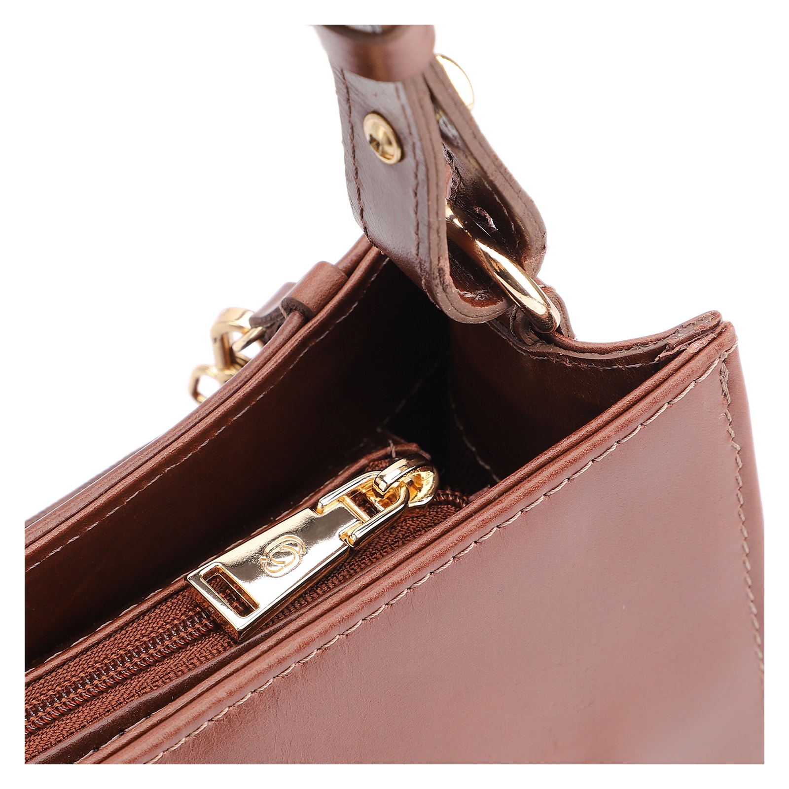 Bolsa De Ombro Média Marrom Couro Lezard Pingente Corda