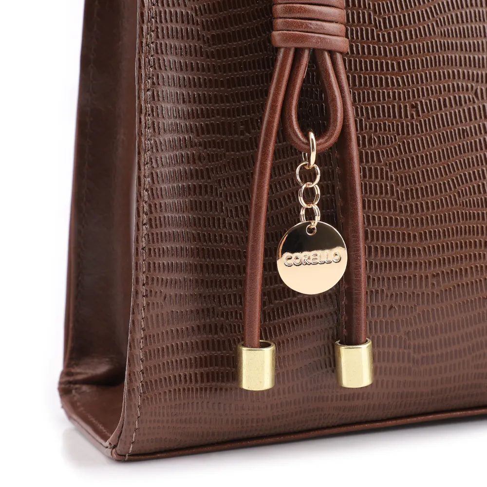 Bolsa De Ombro Média Marrom Couro Lezard Pingente Corda - imagem 8