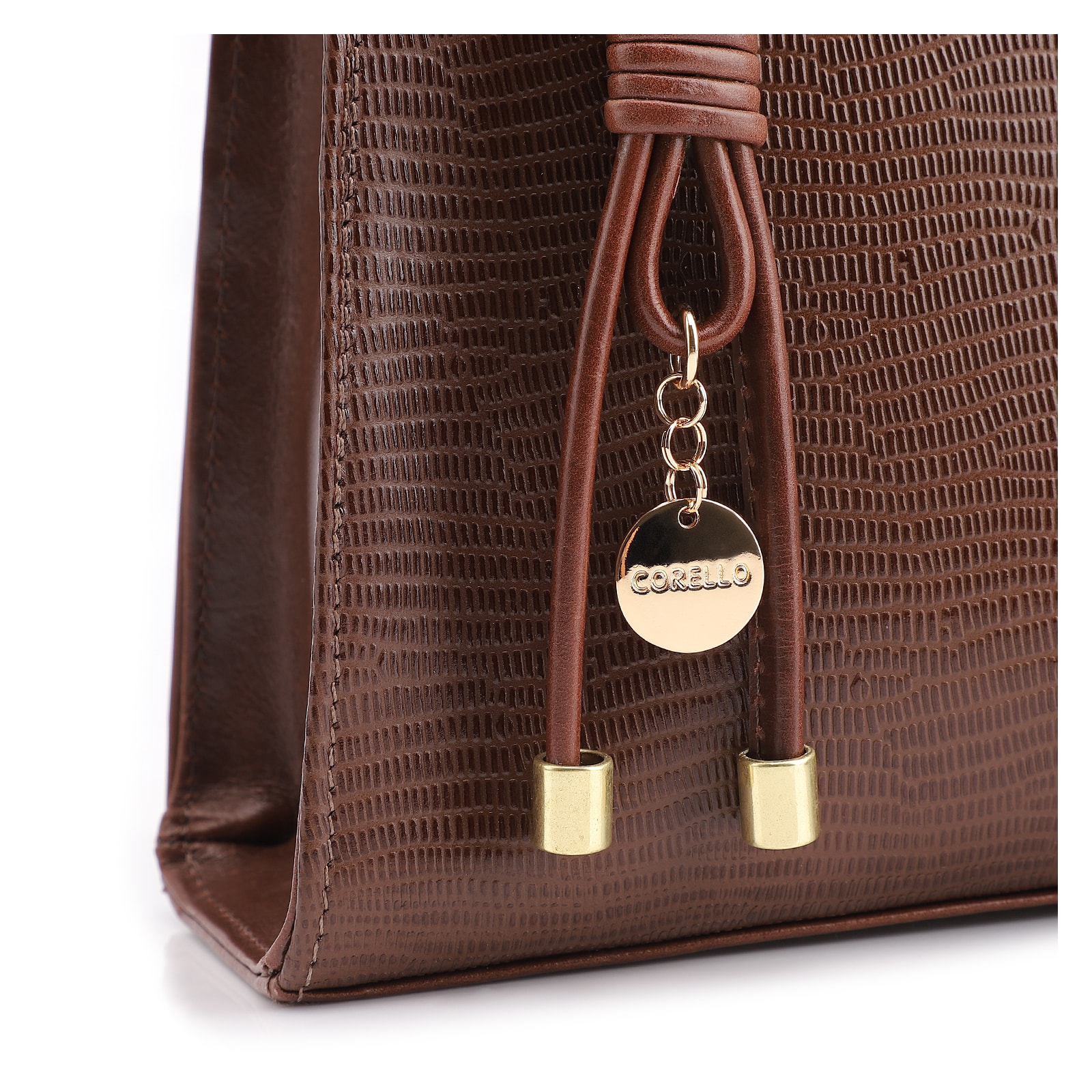 Bolsa De Ombro Média Marrom Couro Lezard Pingente Corda