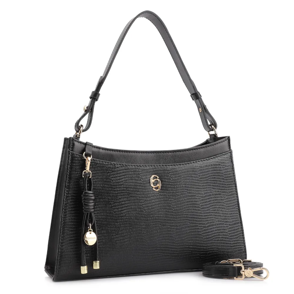 Bolsa De Ombro Média Preta Couro Lezard Pingente Corda - imagem 3