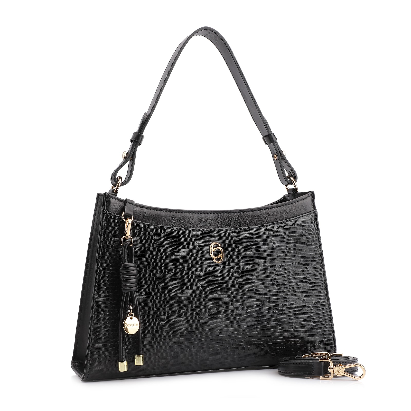 Bolsa De Ombro Média Preta Couro Lezard Pingente Corda