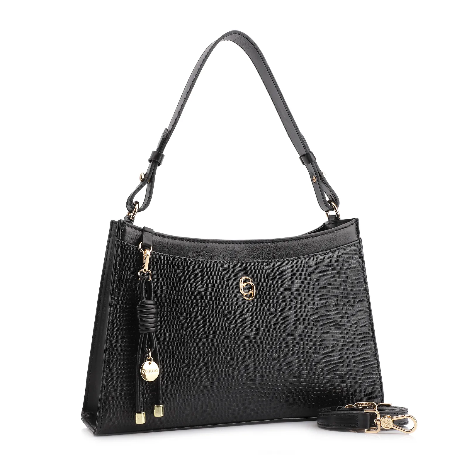 Bolsa De Ombro Média Preta Couro Lezard Pingente Corda