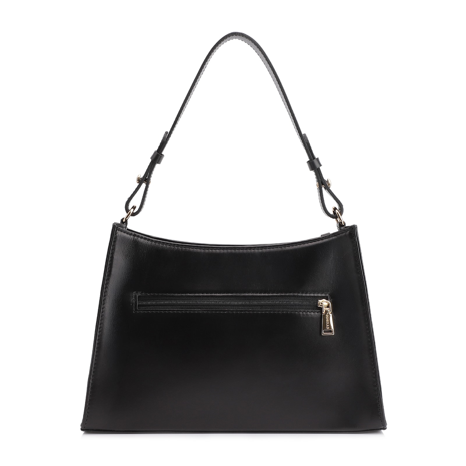 Bolsa De Ombro Média Preta Couro Lezard Pingente Corda