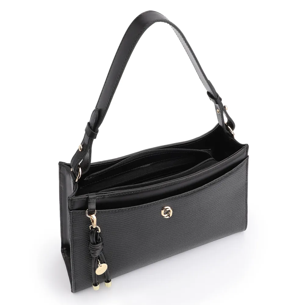 Bolsa De Ombro Média Preta Couro Lezard Pingente Corda - imagem 5