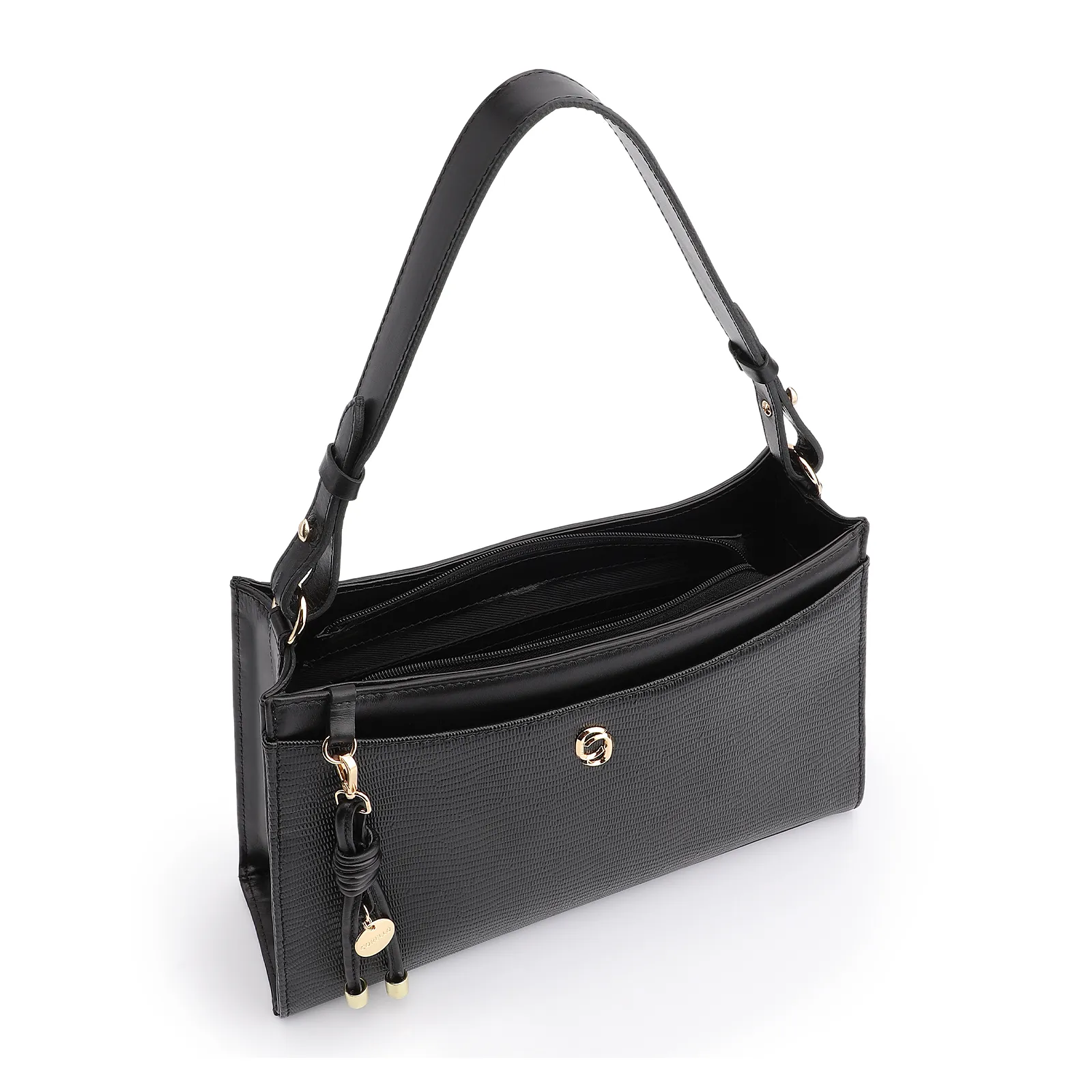Bolsa De Ombro Média Preta Couro Lezard Pingente Corda