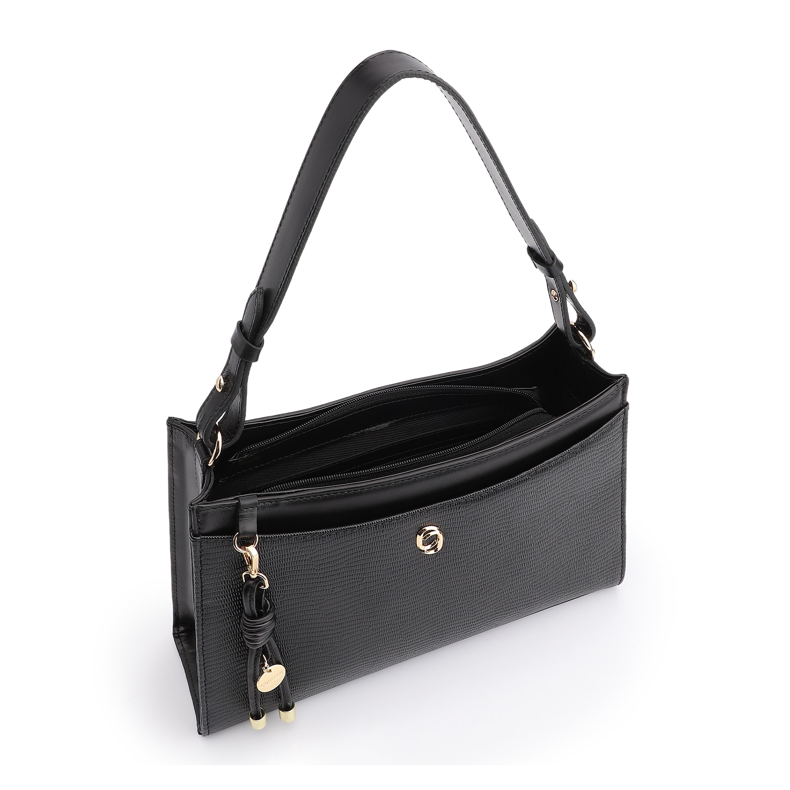 Bolsa De Ombro Média Preta Couro Lezard Pingente Corda