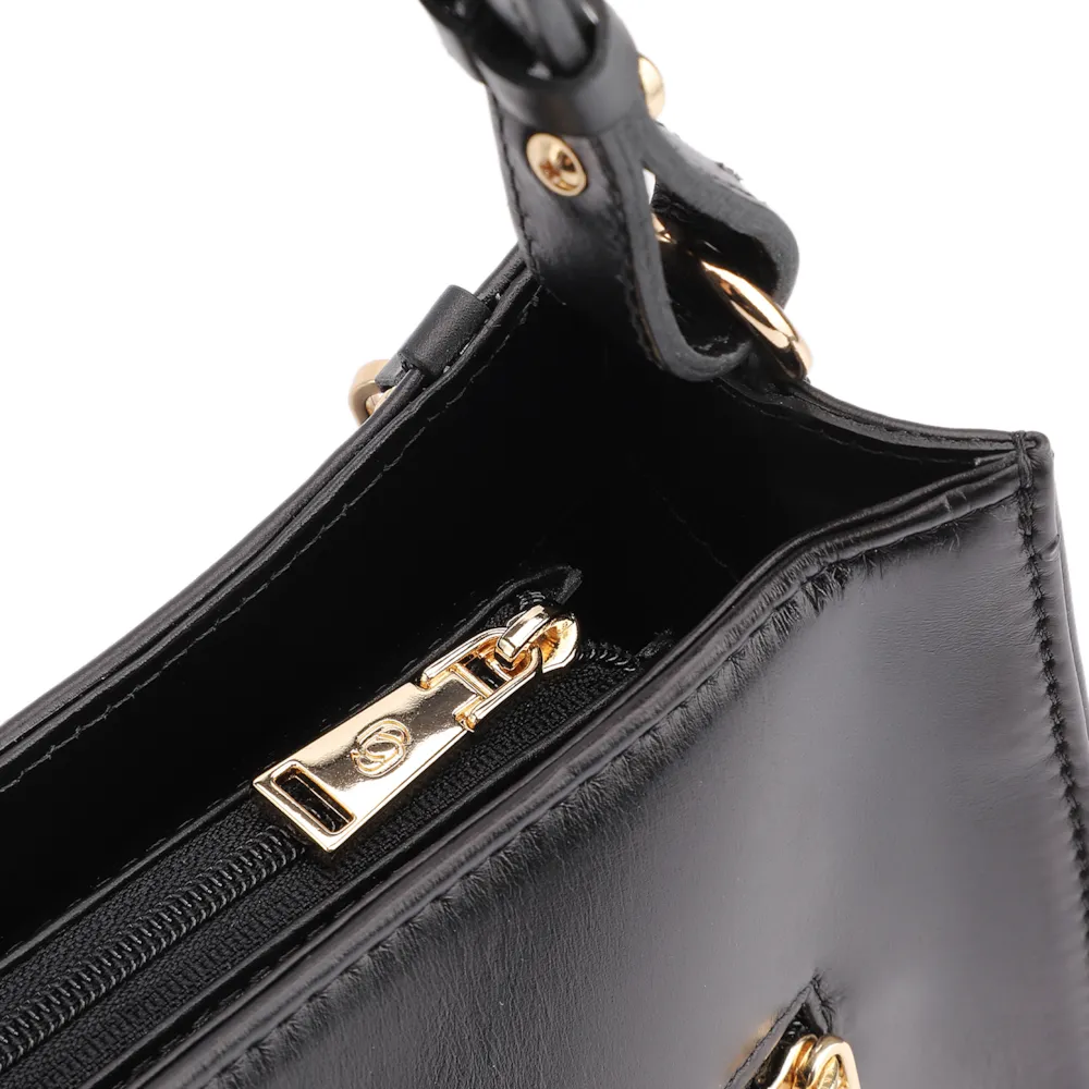 Bolsa De Ombro Média Preta Couro Lezard Pingente Corda - imagem 6