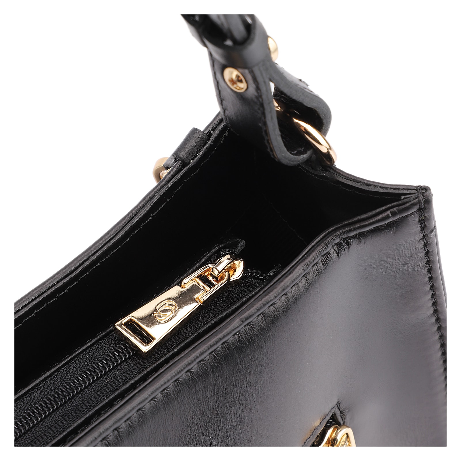 Bolsa De Ombro Média Preta Couro Lezard Pingente Corda