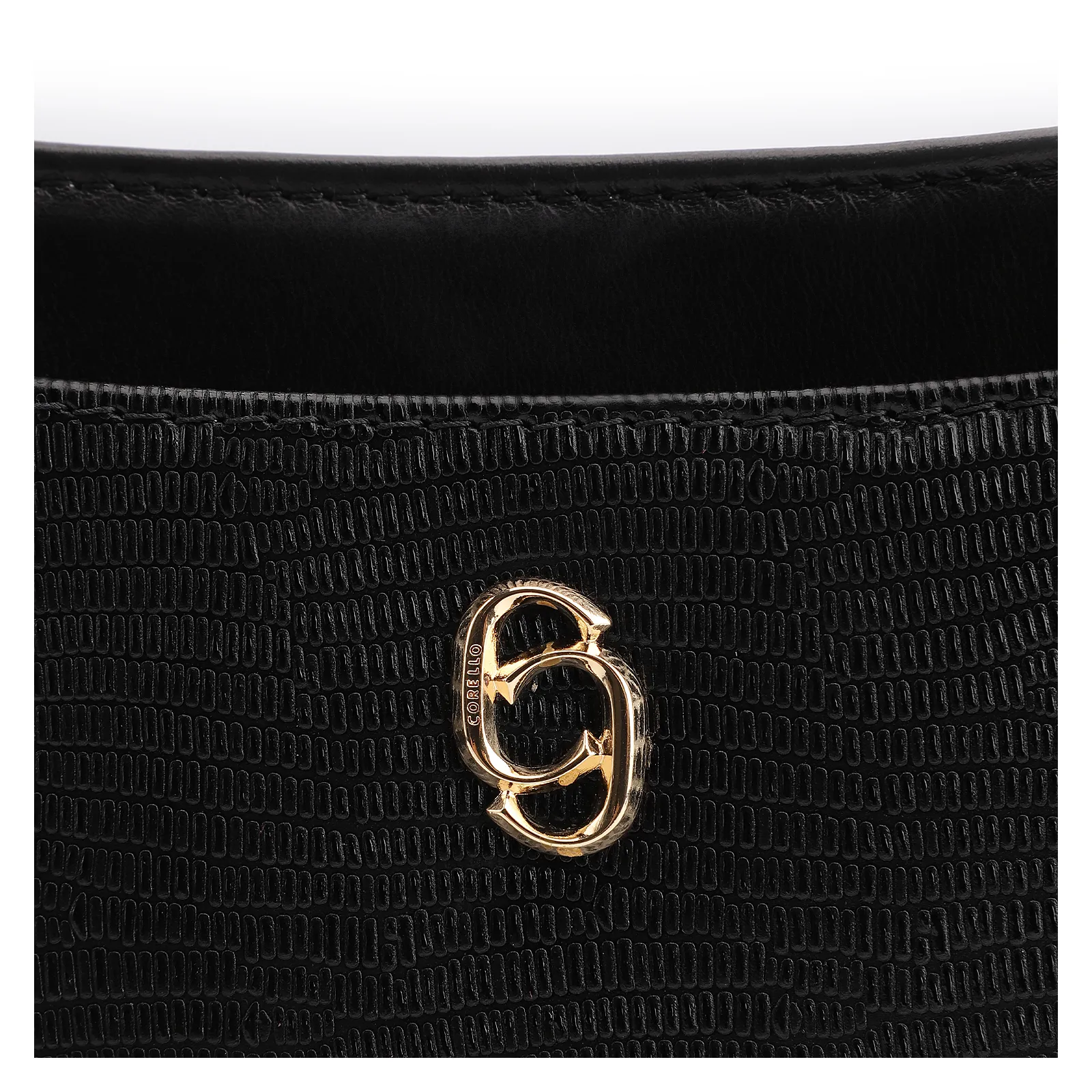 Bolsa De Ombro Média Preta Couro Lezard Pingente Corda