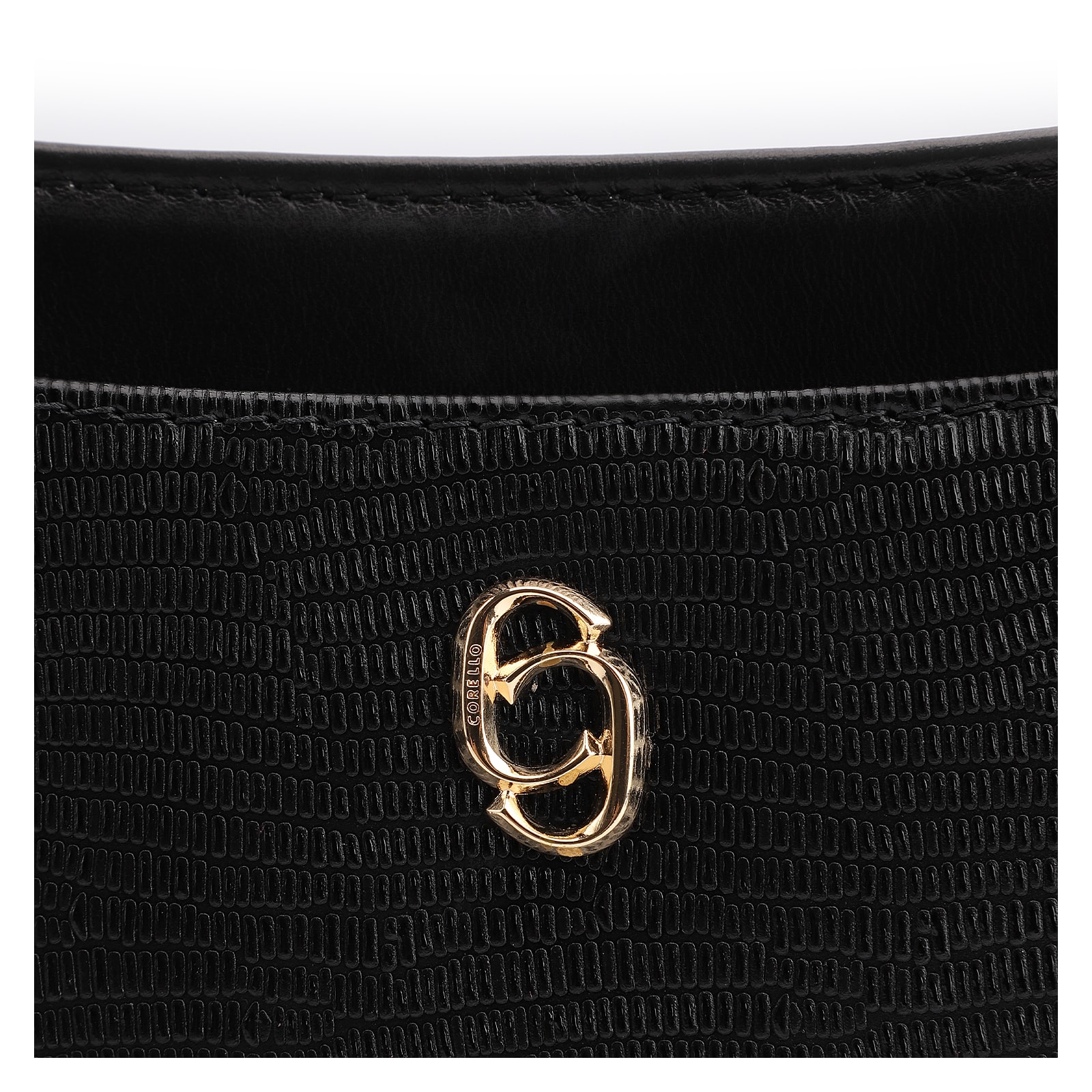 Bolsa De Ombro Média Preta Couro Lezard Pingente Corda
