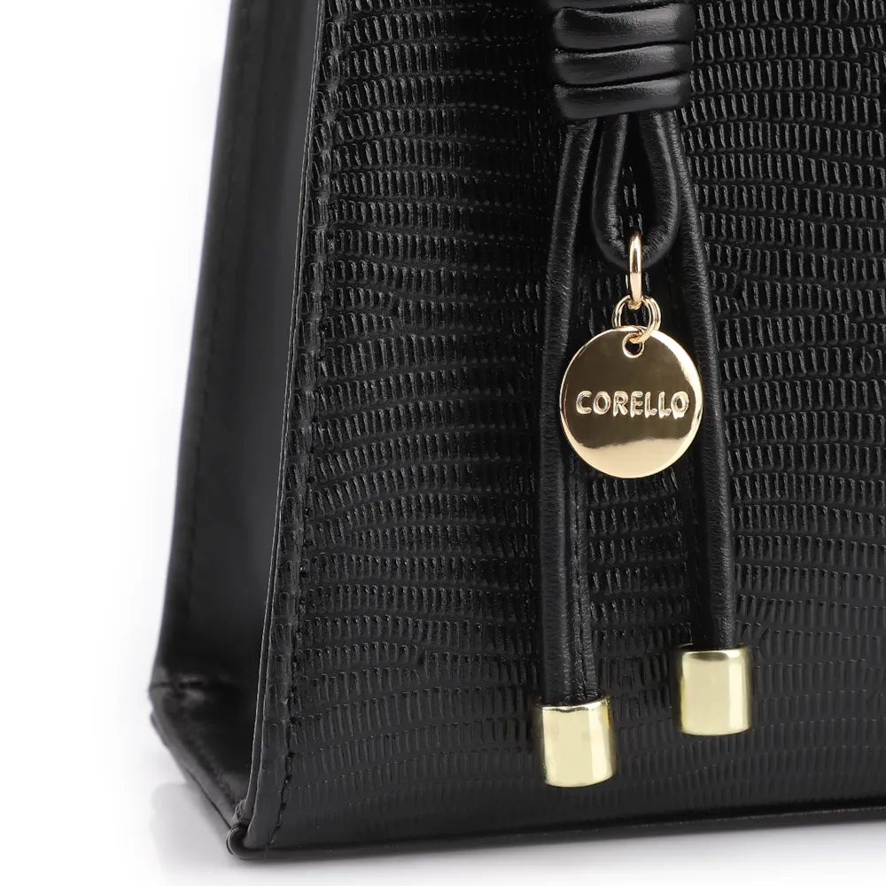 Bolsa De Ombro Média Preta Couro Lezard Pingente Corda - imagem 8