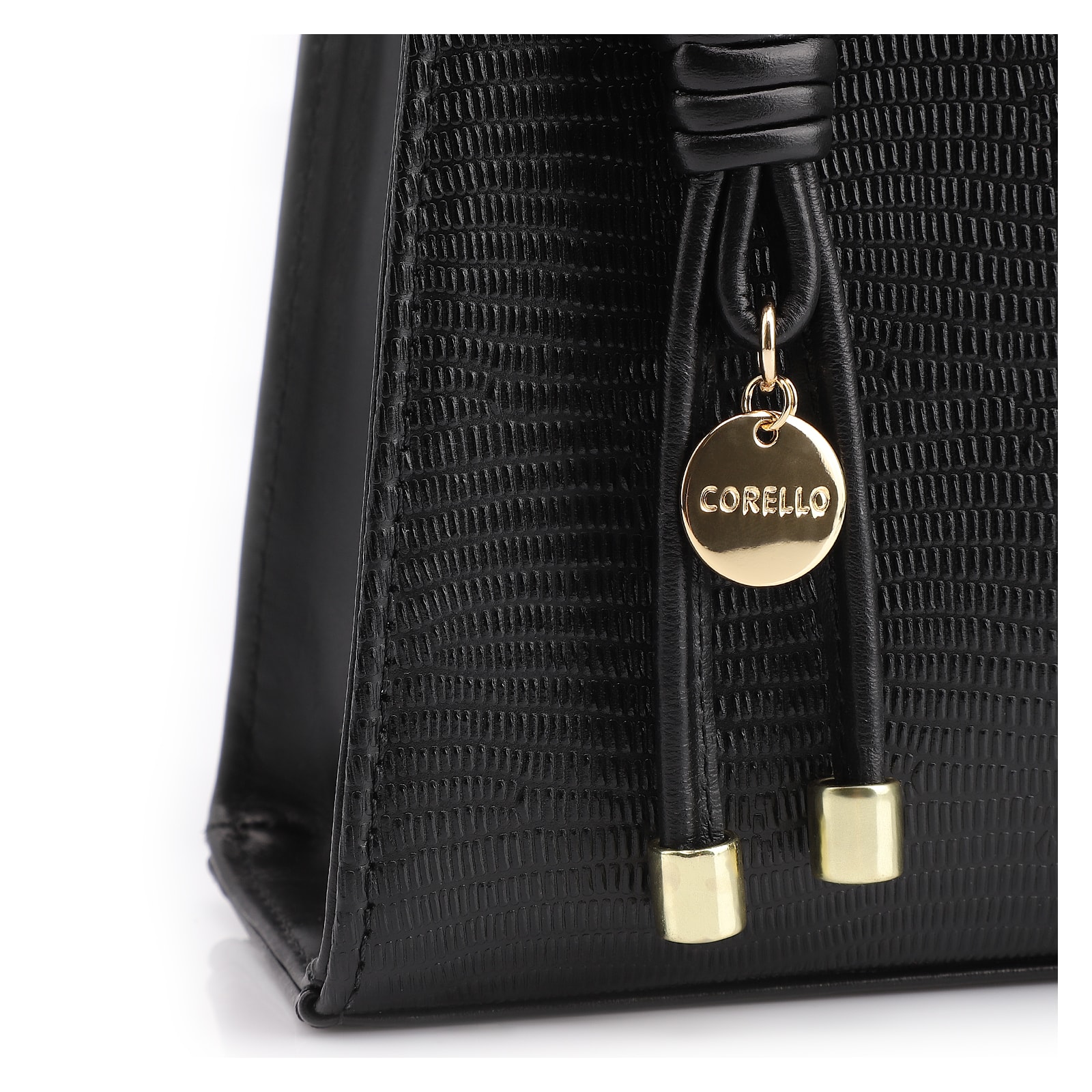 Bolsa De Ombro Média Preta Couro Lezard Pingente Corda