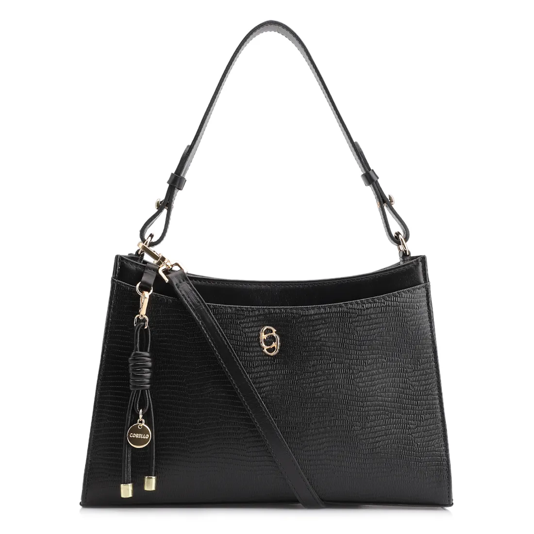 Bolsa De Ombro Média Preta Couro Lezard Pingente Corda