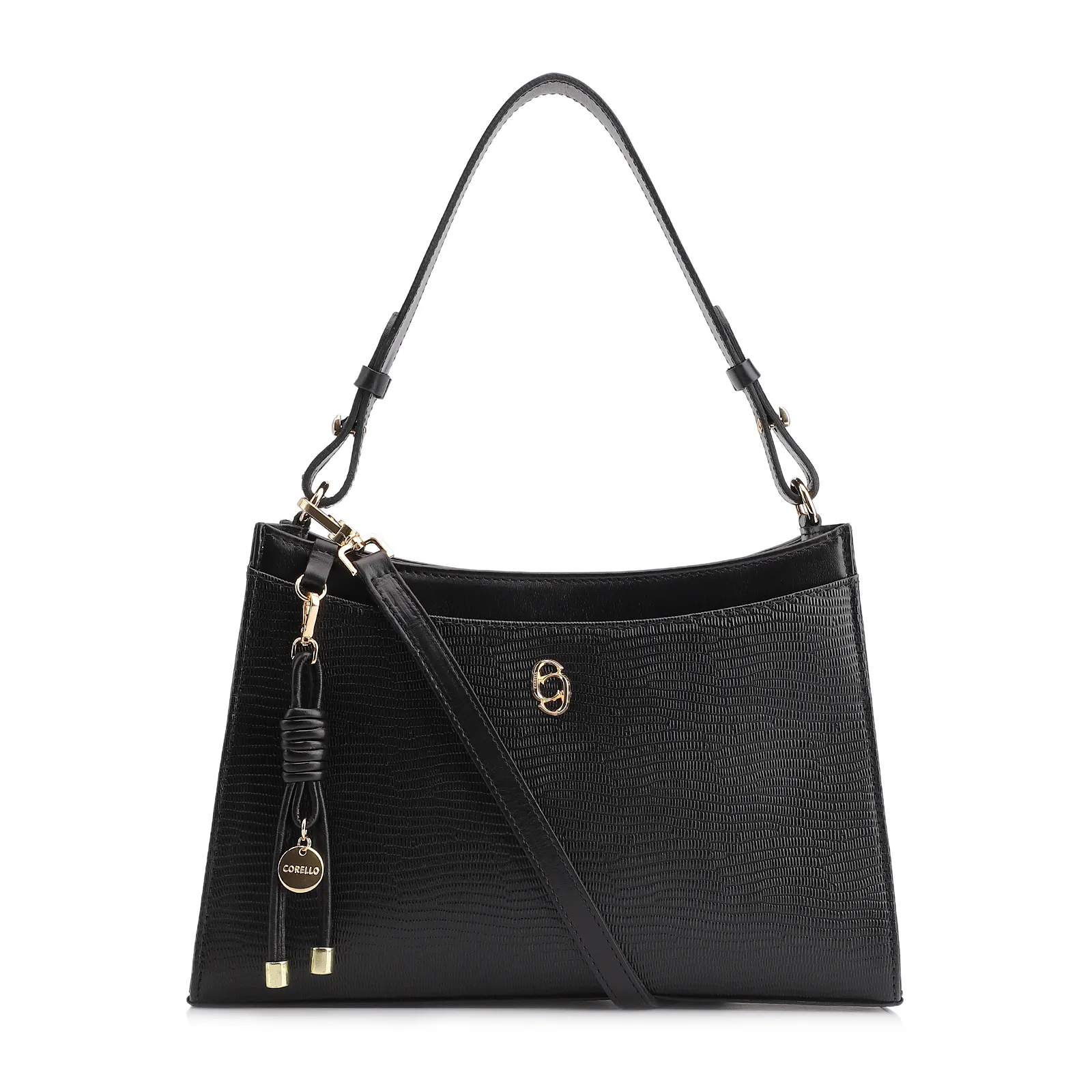 Bolsa De Ombro Média Preta Couro Lezard Pingente Corda